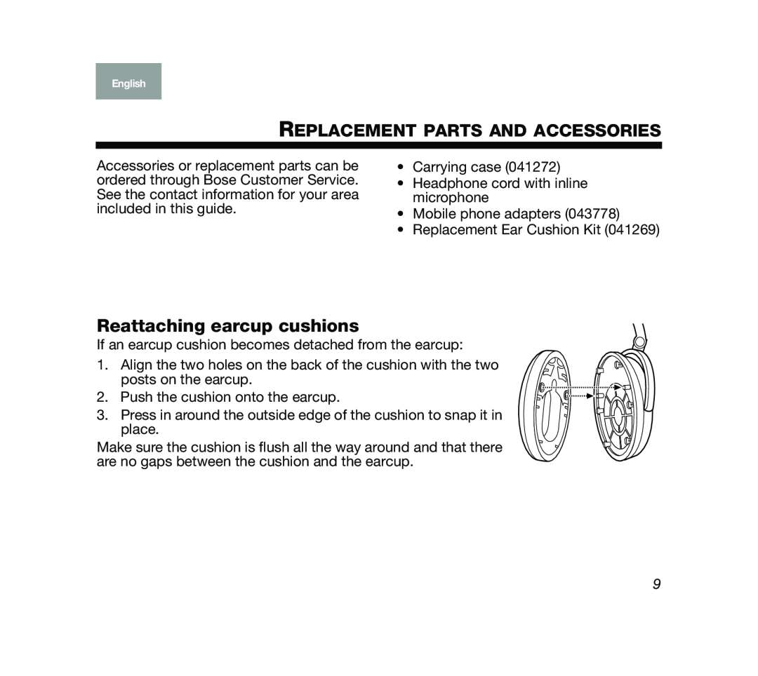 Bose Mobile On-Ear Headset manual Replacement Parts And Accessories, Reattaching earcup cushions 
