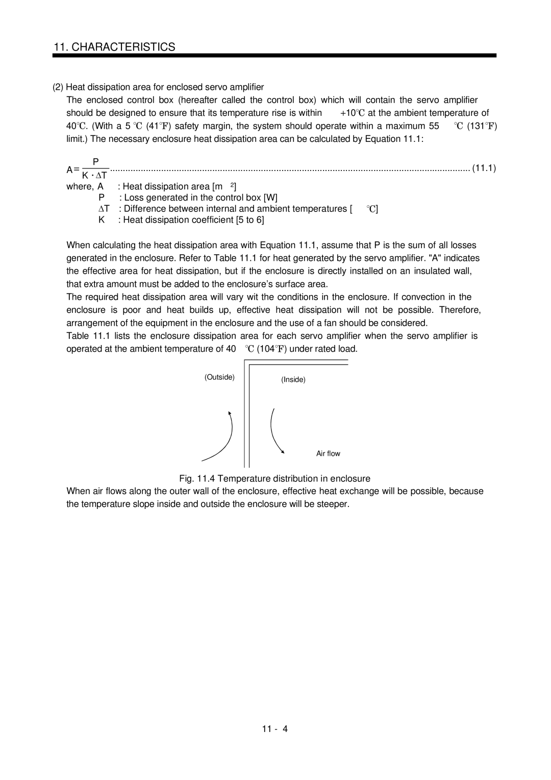 Bose MR-J2S- B instruction manual Heat dissipation area for enclosed servo amplifier, Temperature distribution in enclosure 