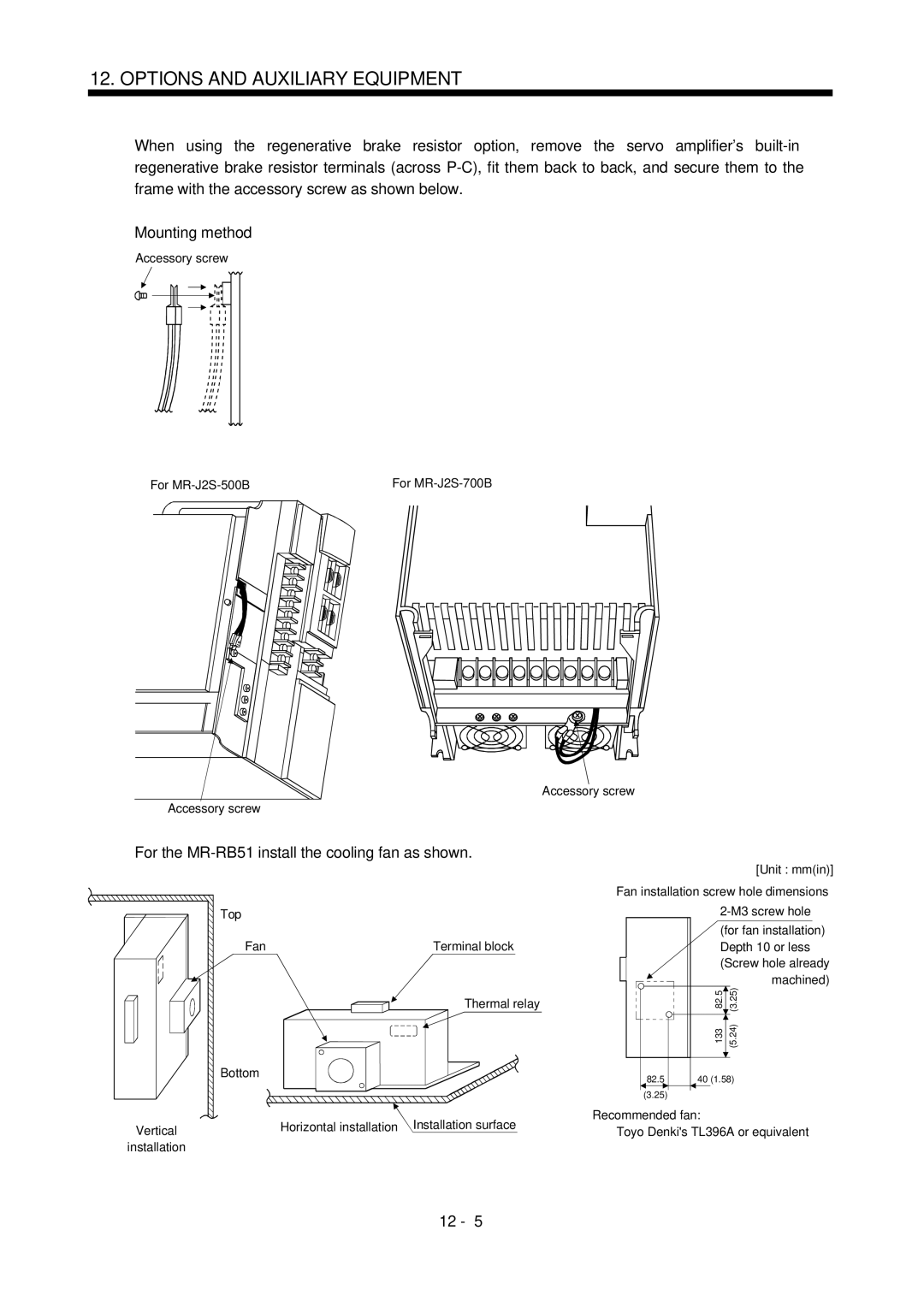 Bose MR-J2S- B instruction manual Mounting method, For the MR-RB51 install the cooling fan as shown 