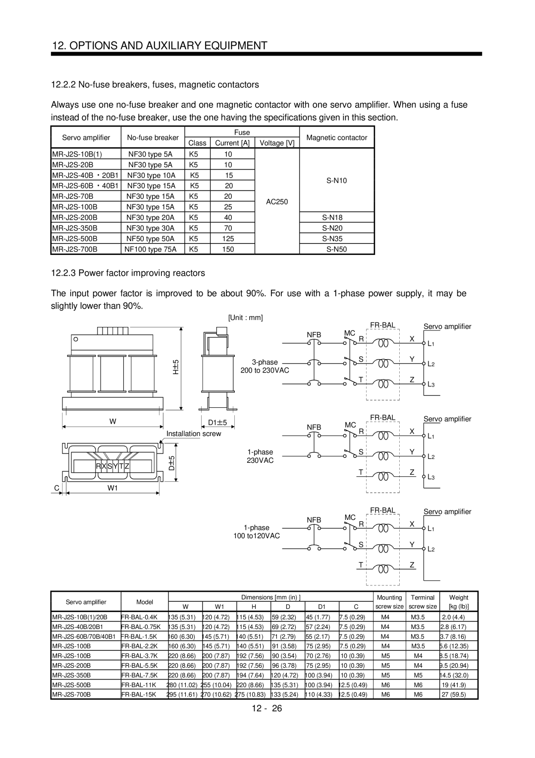 Bose MR-J2S- B instruction manual No-fuse breakers, fuses, magnetic contactors, Power factor improving reactors 