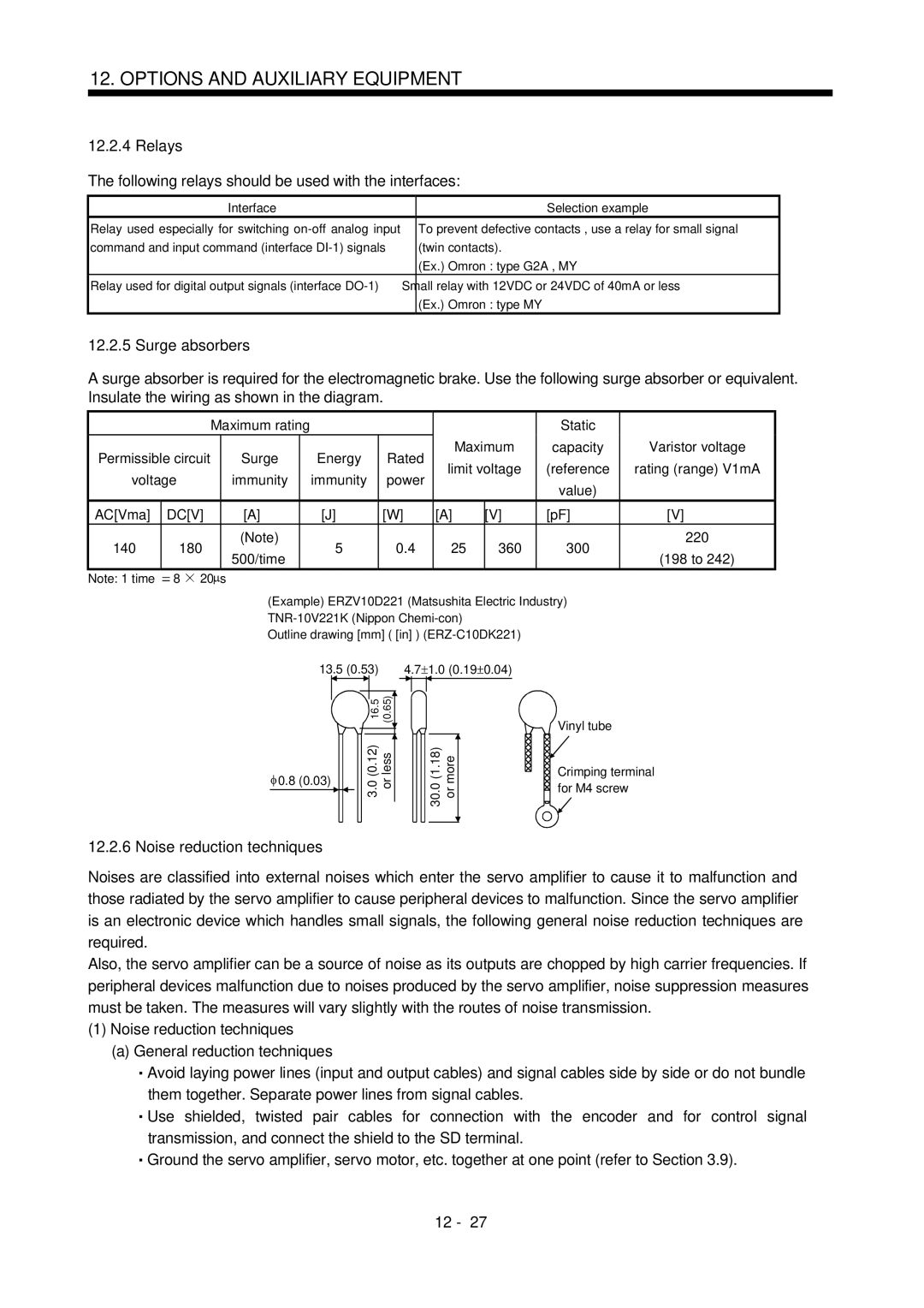 Bose MR-J2S- B Relays, Following relays should be used with the interfaces, Surge absorbers, Noise reduction techniques 