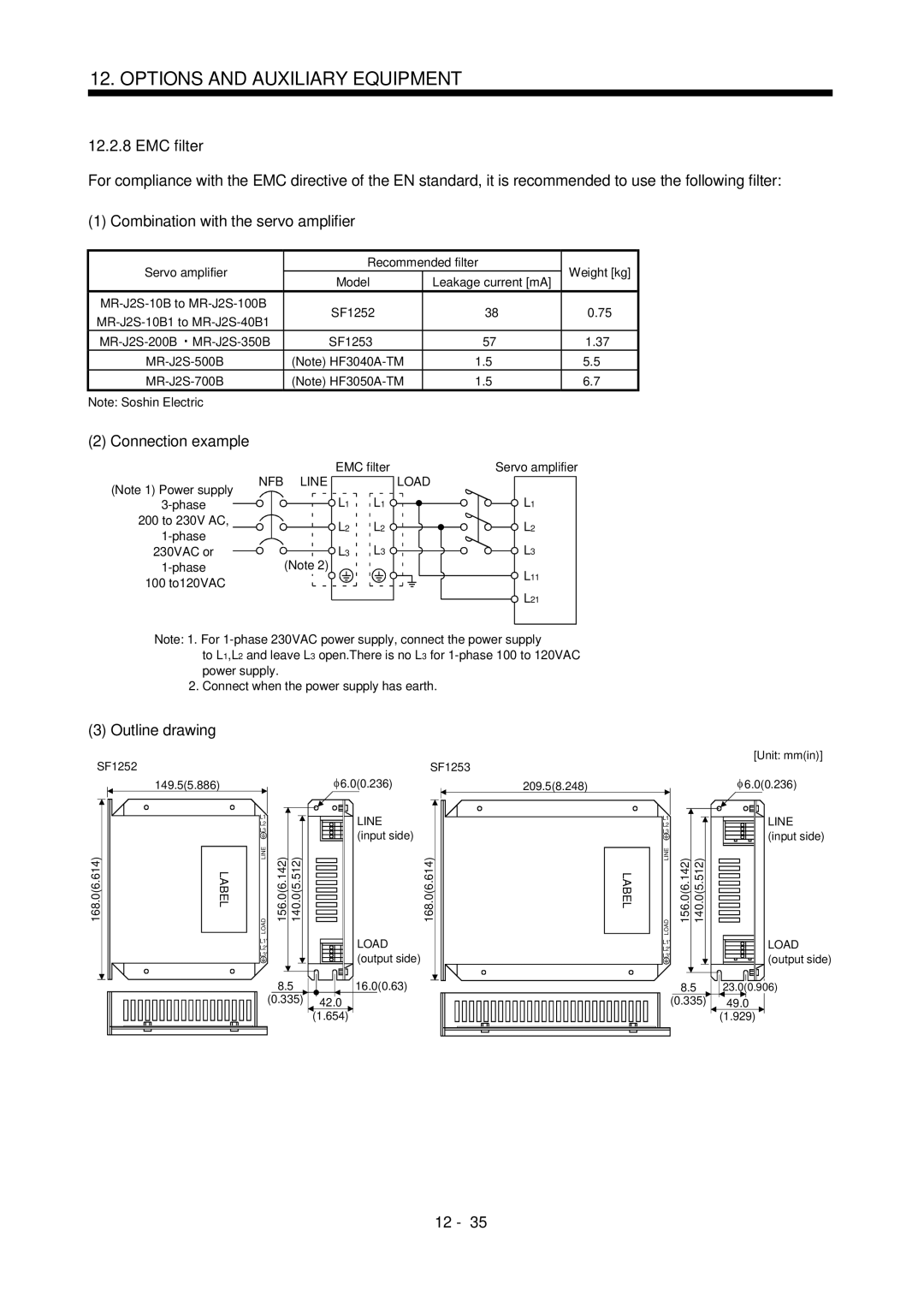 Bose MR-J2S- B EMC filter, Combination with the servo amplifier, SF1252, MR-J2S-200B MR-J2S-350B SF1253, NFB Line Load 