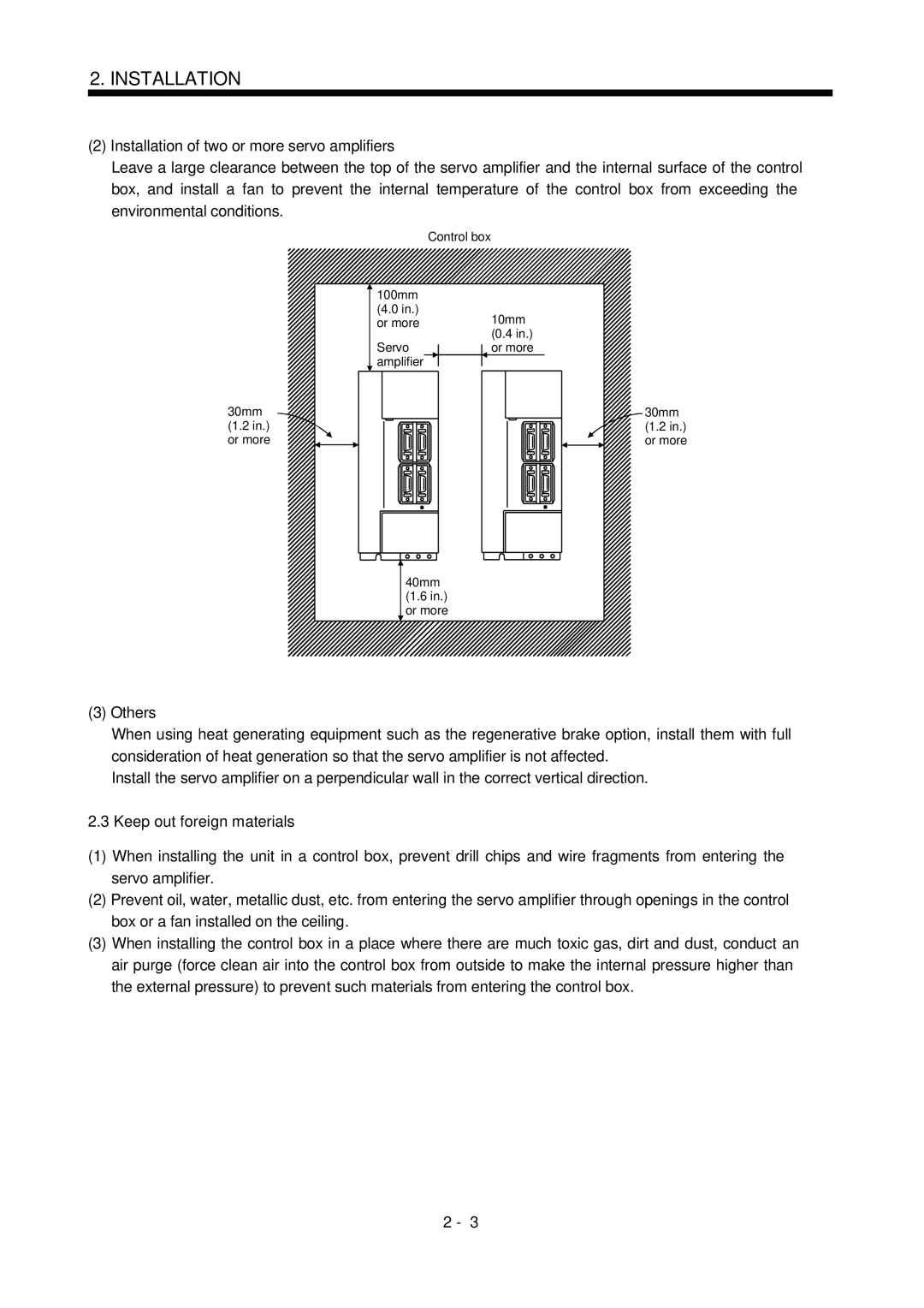 Bose MR-J2S- B instruction manual Installation of two or more servo amplifiers, Others, Keep out foreign materials 