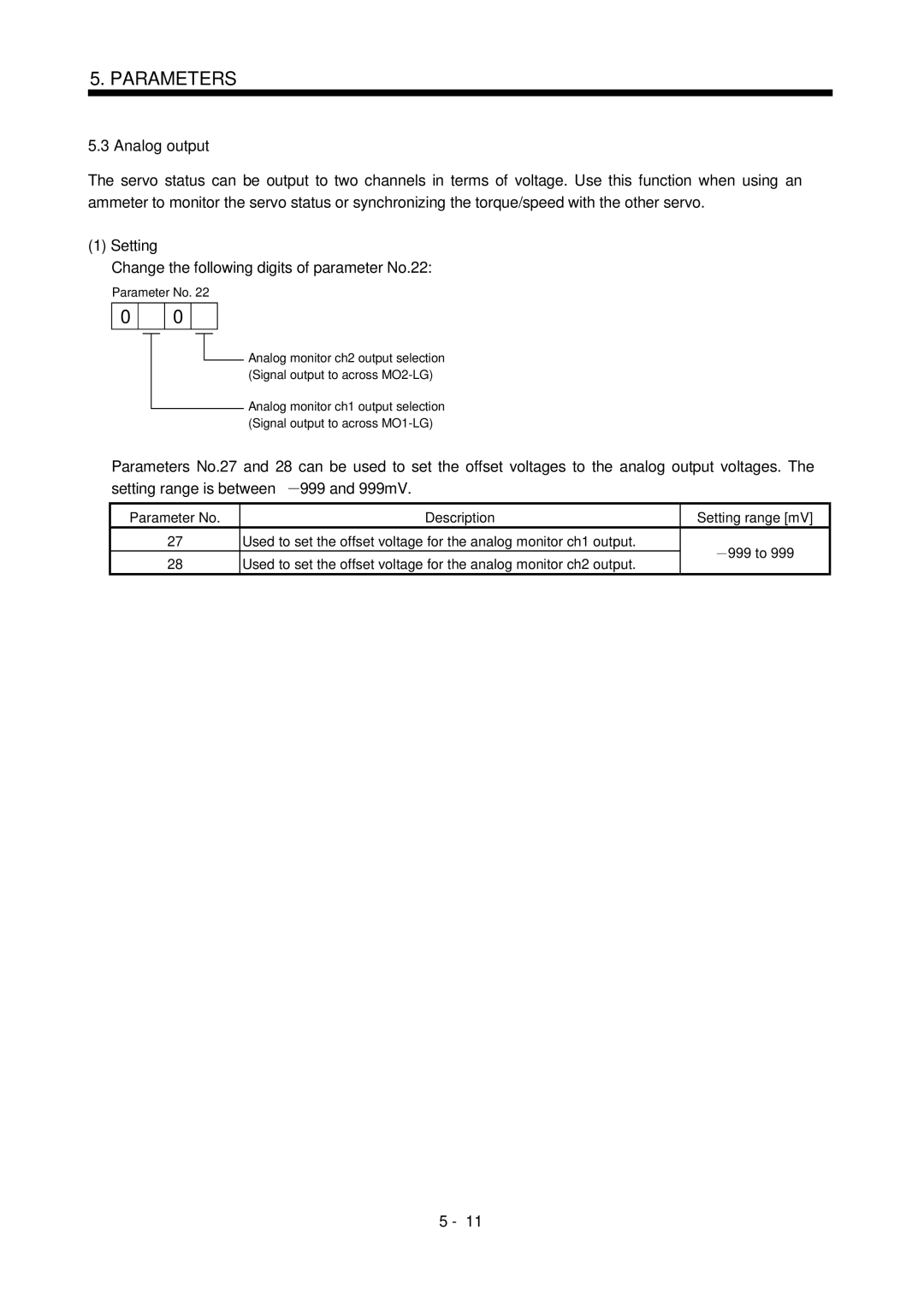 Bose MR-J2S- B instruction manual Analog output, Change the following digits of parameter No.22 