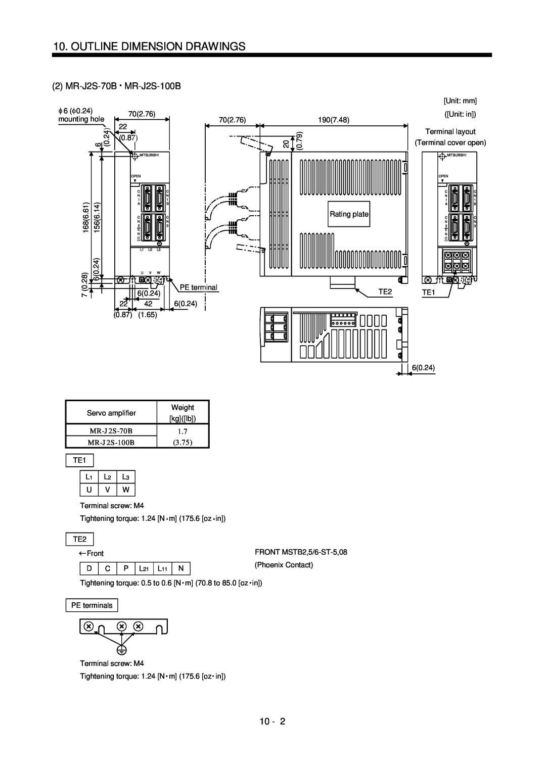 Bose MR-J2S- B instruction manual Outline Dimension Drawings, MR-J2S-70B, MR-J2S-100B 