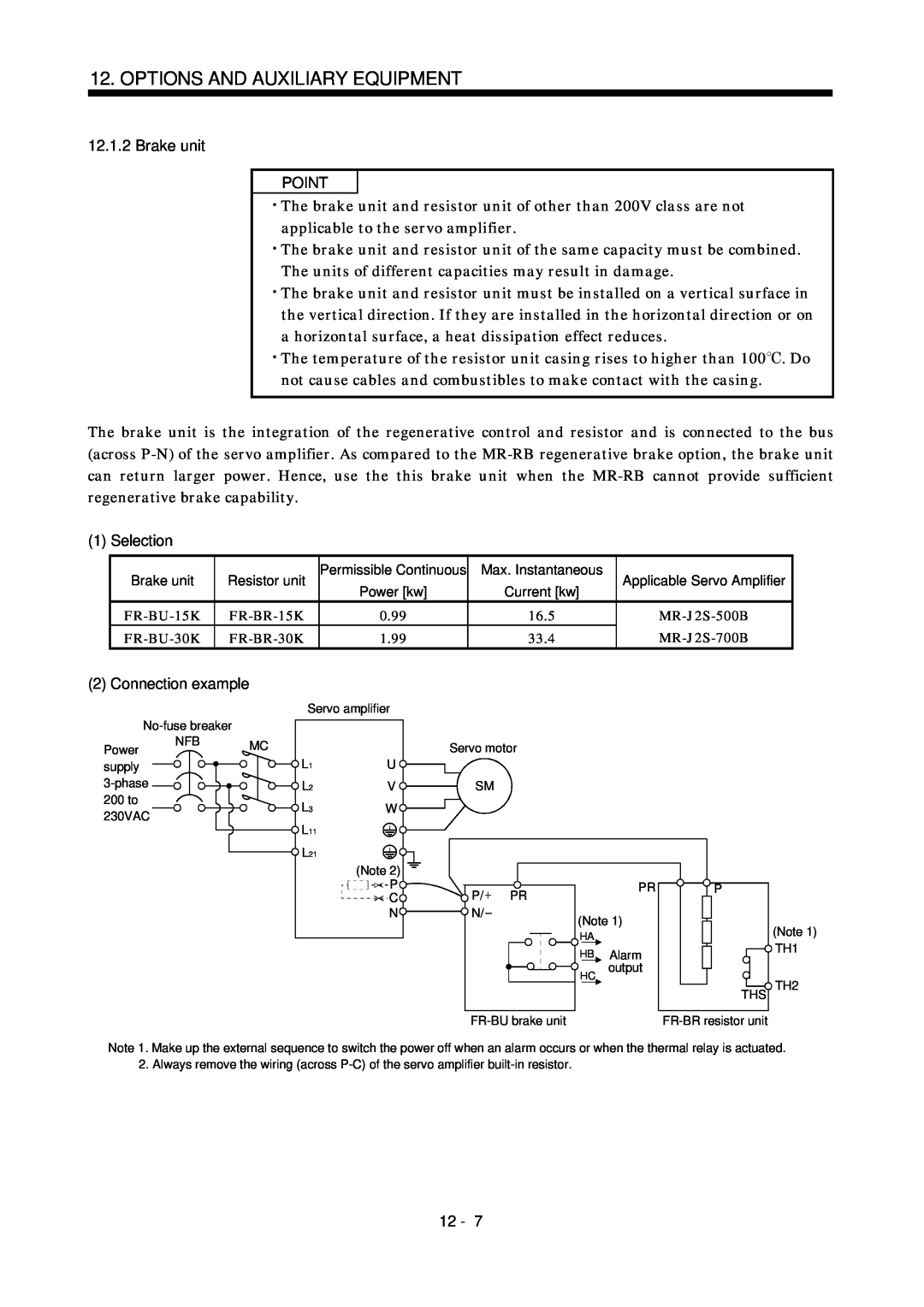 Bose MR-J2S- B Brake unit POINT, Selection, Connection example, Options And Auxiliary Equipment, 12, FR-BR-15K, FR-BR-30K 