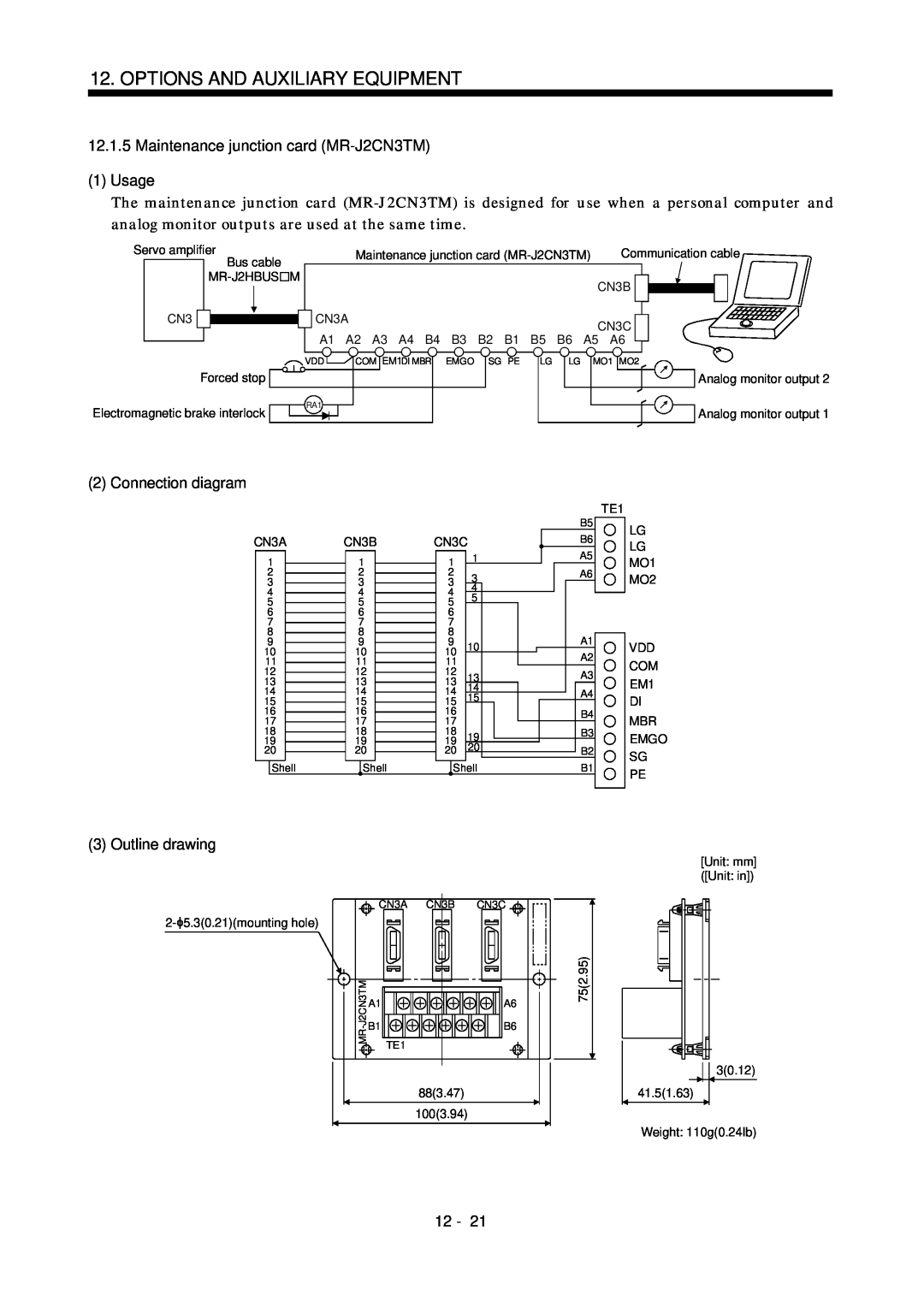 Bose MR-J2S- B instruction manual Maintenance junction card MR-J2CN3TM, 1Usage, Connection diagram, Outline drawing, 12 
