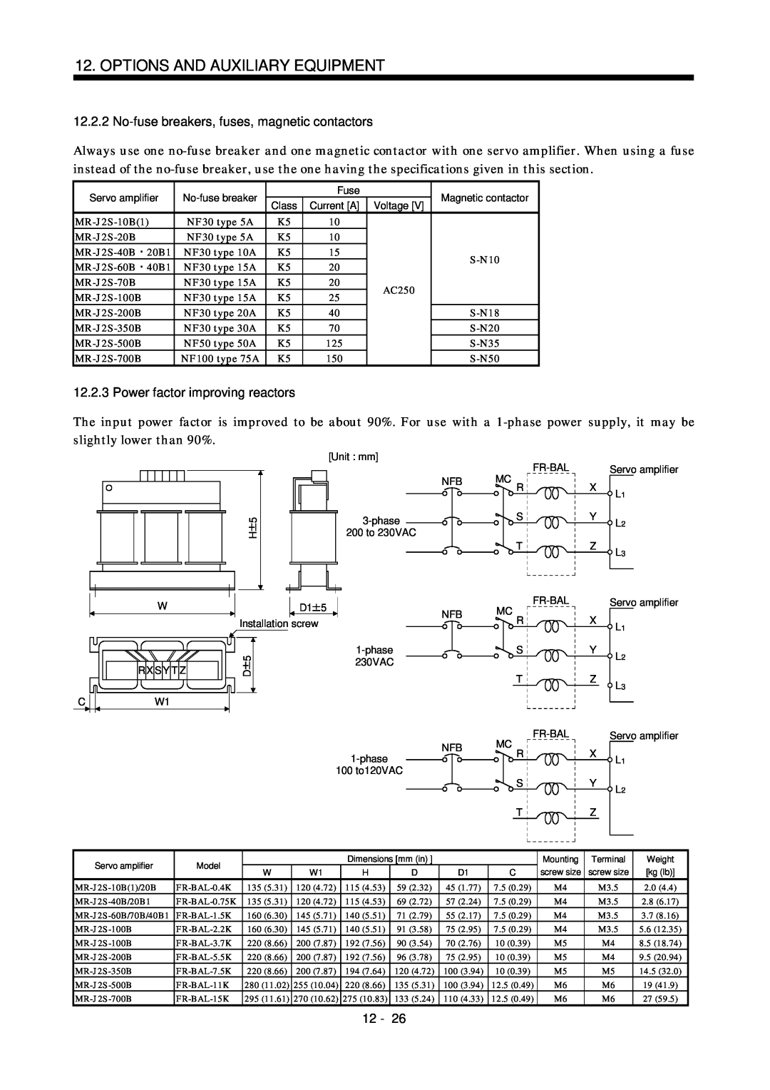 Bose MR-J2S- B instruction manual Power factor improving reactors, Options And Auxiliary Equipment, 12 