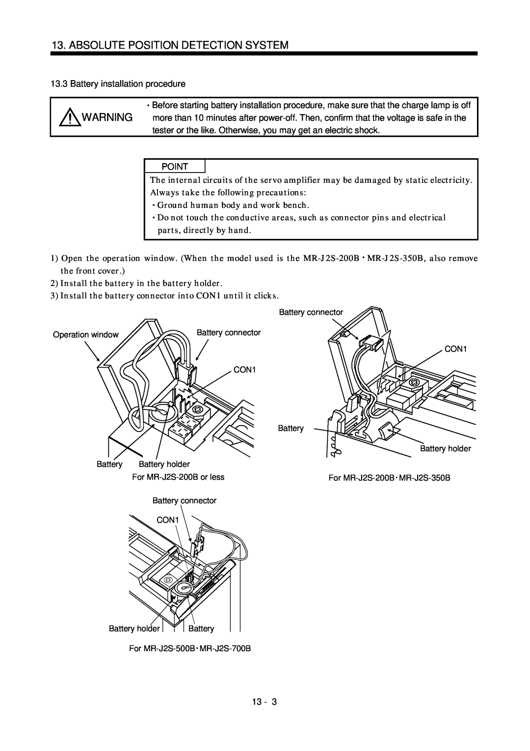 Bose MR-J2S- B instruction manual Battery installation procedure, Absolute Position Detection System, Point, 13 
