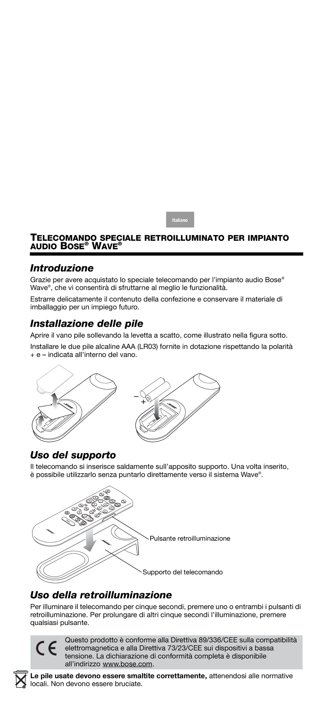 Bose Music manual Introduzione, Installazione delle pile, Uso del supporto, Uso della retroilluminazione 