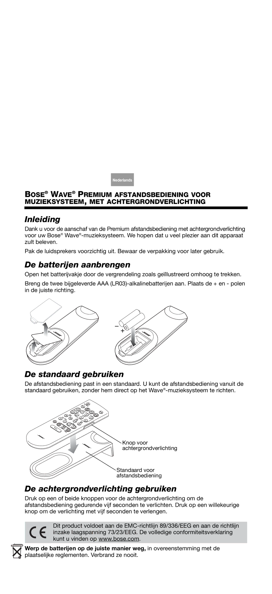 Bose Music manual Inleiding, De batterijen aanbrengen, De standaard gebruiken, De achtergrondverlichting gebruiken 