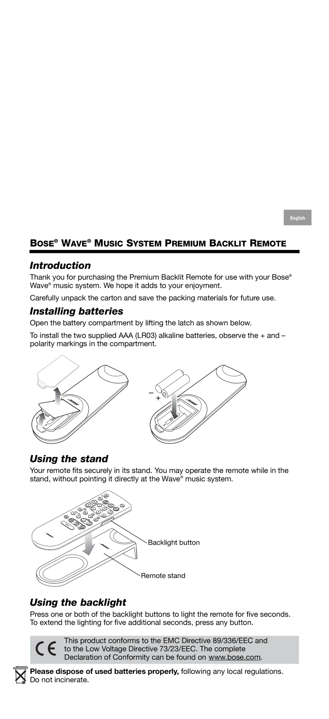 Bose Music manual Introduction, Installing batteries, Using the stand, Using the backlight 