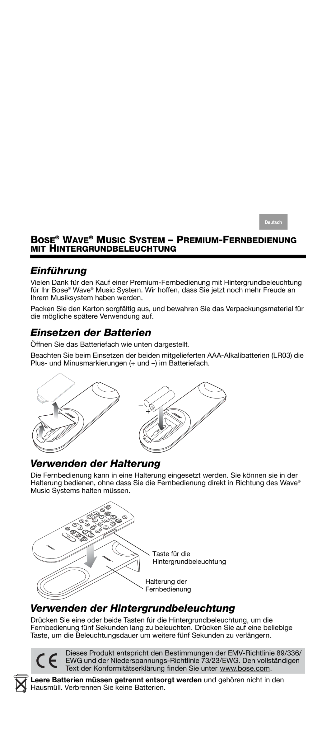 Bose Music manual Einführung, Einsetzen der Batterien, Verwenden der Halterung, Verwenden der Hintergrundbeleuchtung 