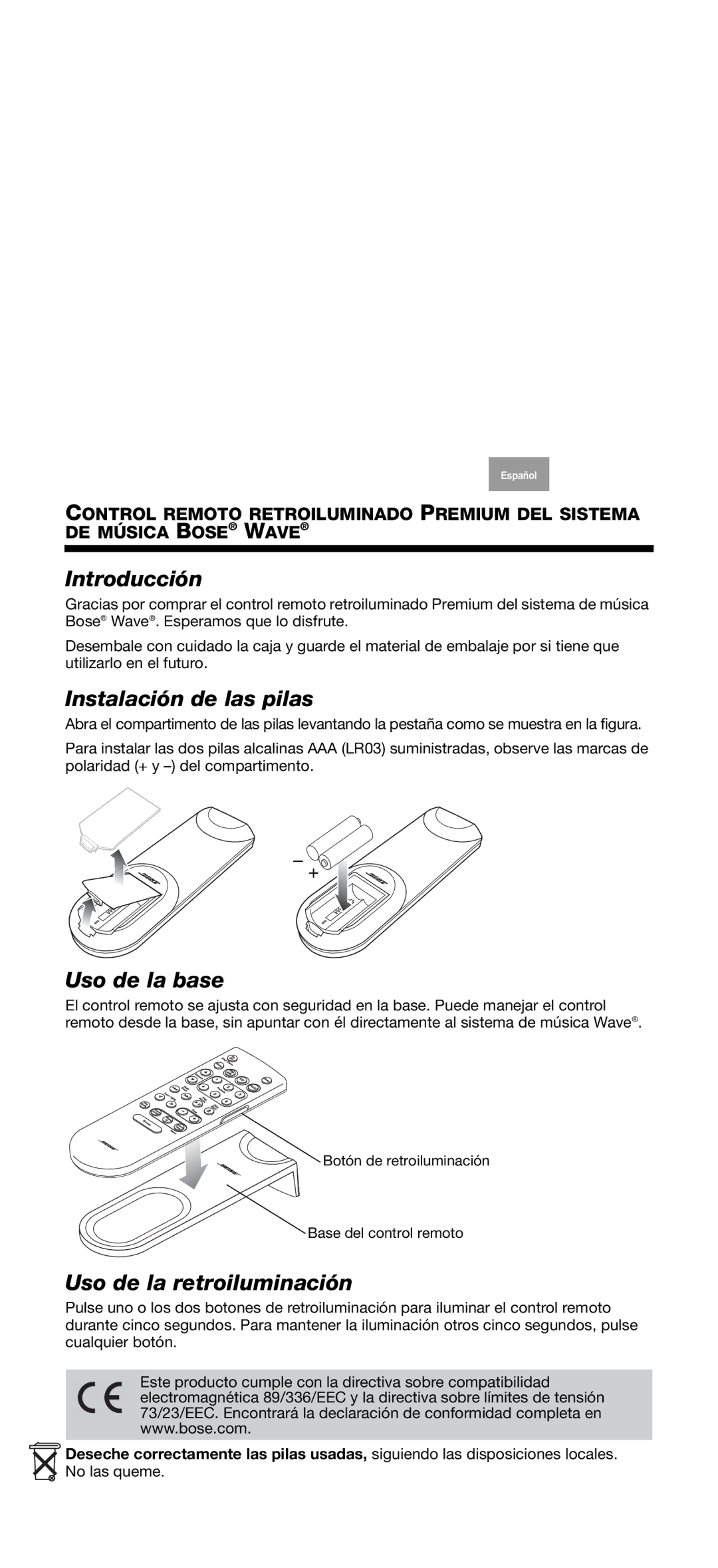 Bose Music manual Introducción, Instalación de las pilas, Uso de la base, Uso de la retroiluminación 