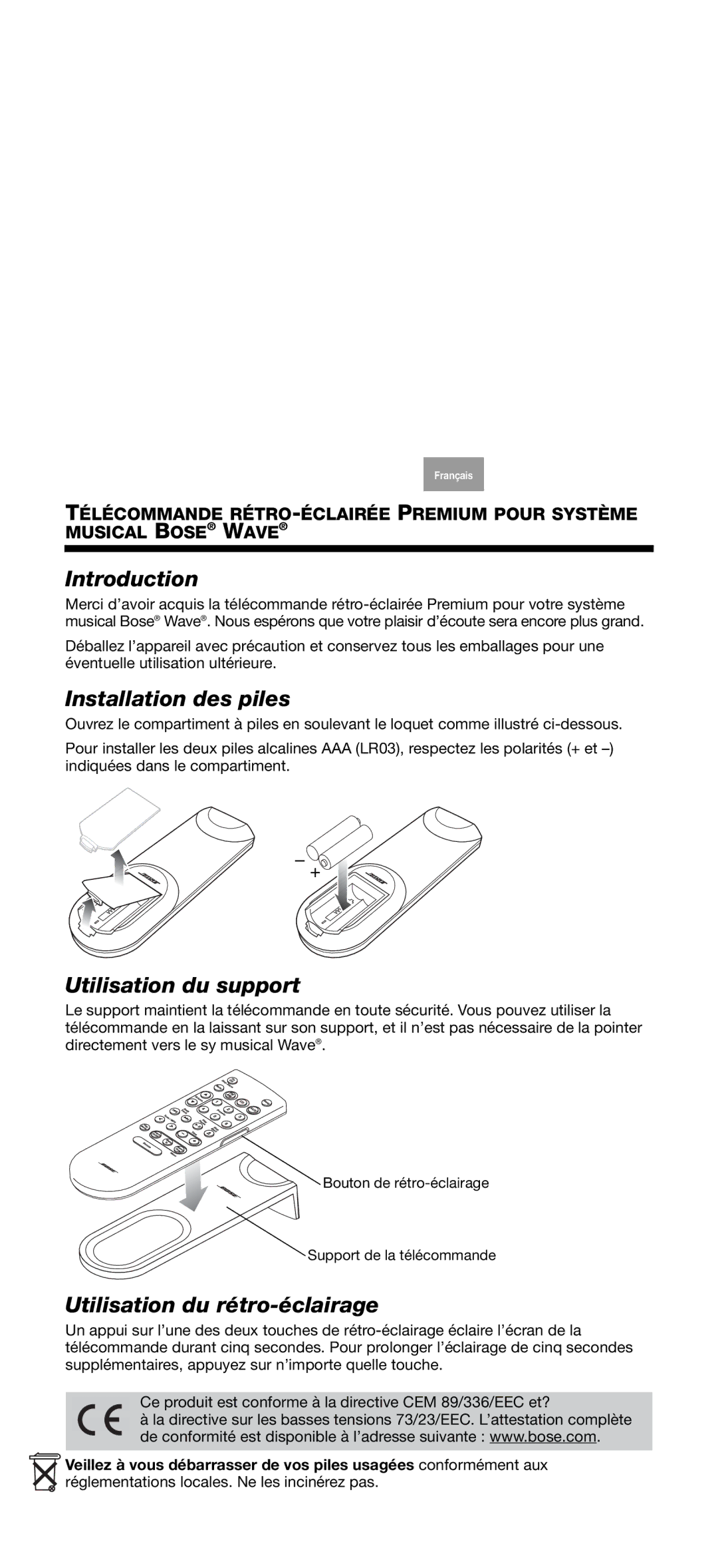 Bose Music manual Installation des piles, Utilisation du support, Utilisation du rétro-éclairage 