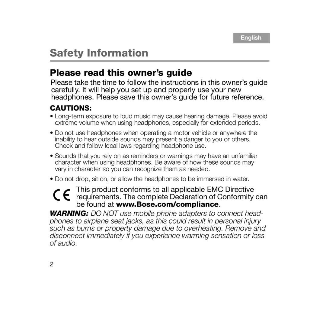 Bose OE2i White, OE2i Black manual Safety Information, Please read this owner’s guide, Cautions, English 