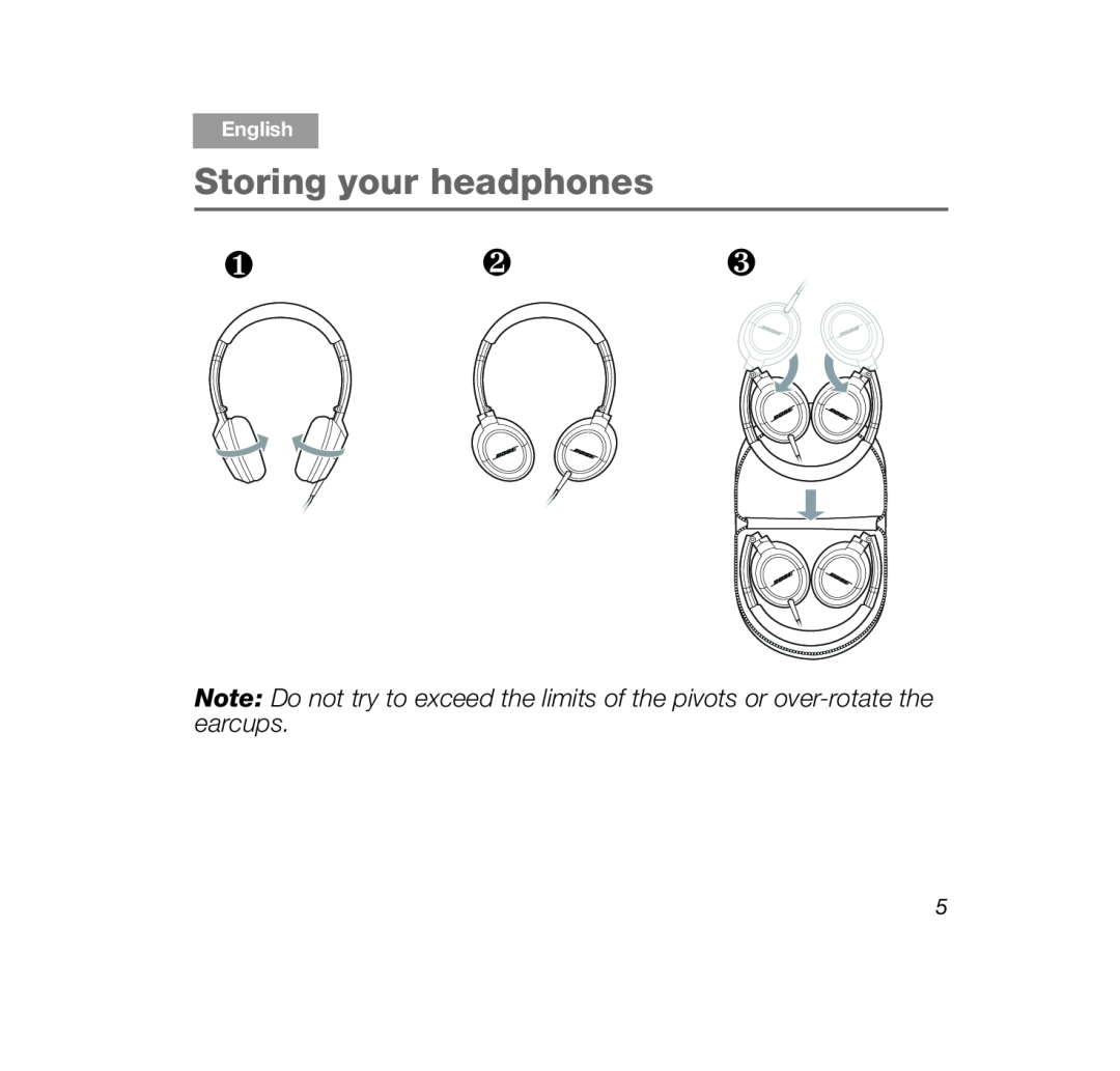 Bose OE2i White, OE2i Black manual Storing your headphones, ❶ ❷ ❸, English, Tab 
