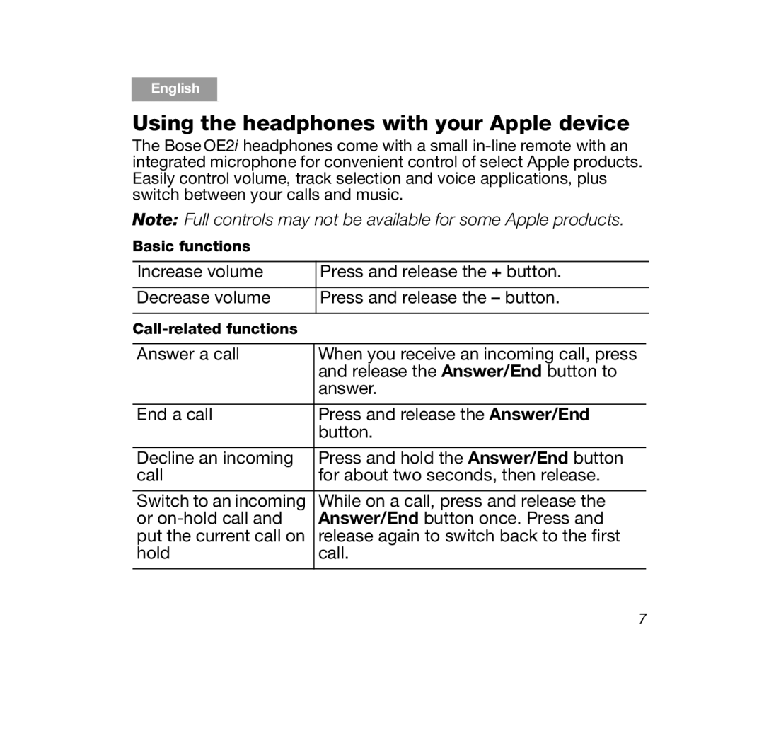 Bose OE2i Black, OE2i White manual Using the headphones with your Apple device 