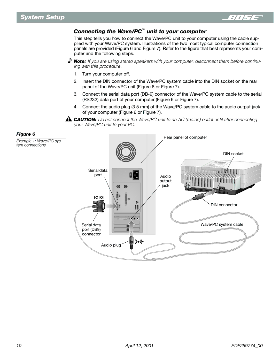 Bose PDF259774_00 manual Connecting the Wave/PC unit to your computer, Example 1 Wave/PC sys- tem connections 