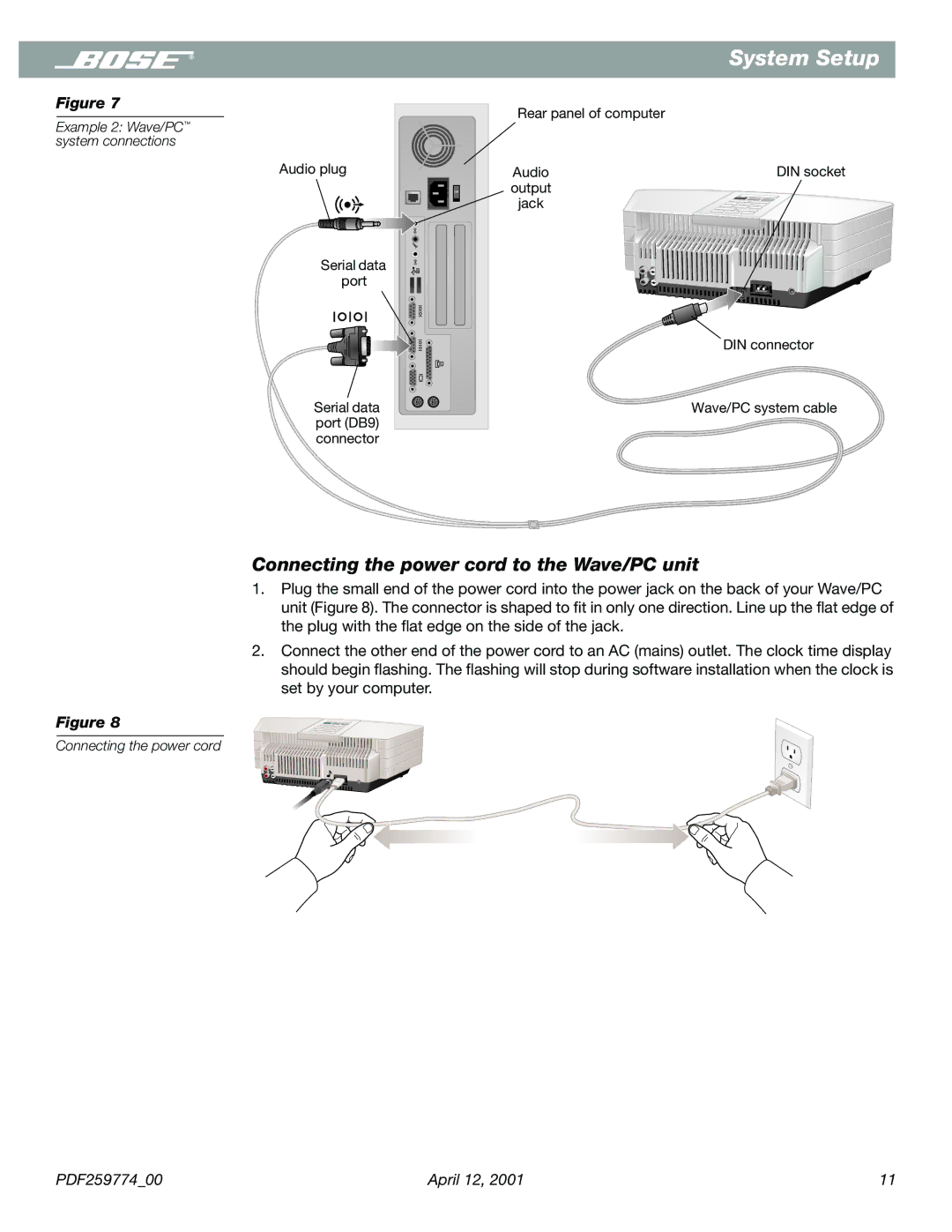 Bose PDF259774_00 manual Connecting the power cord to the Wave/PC unit 