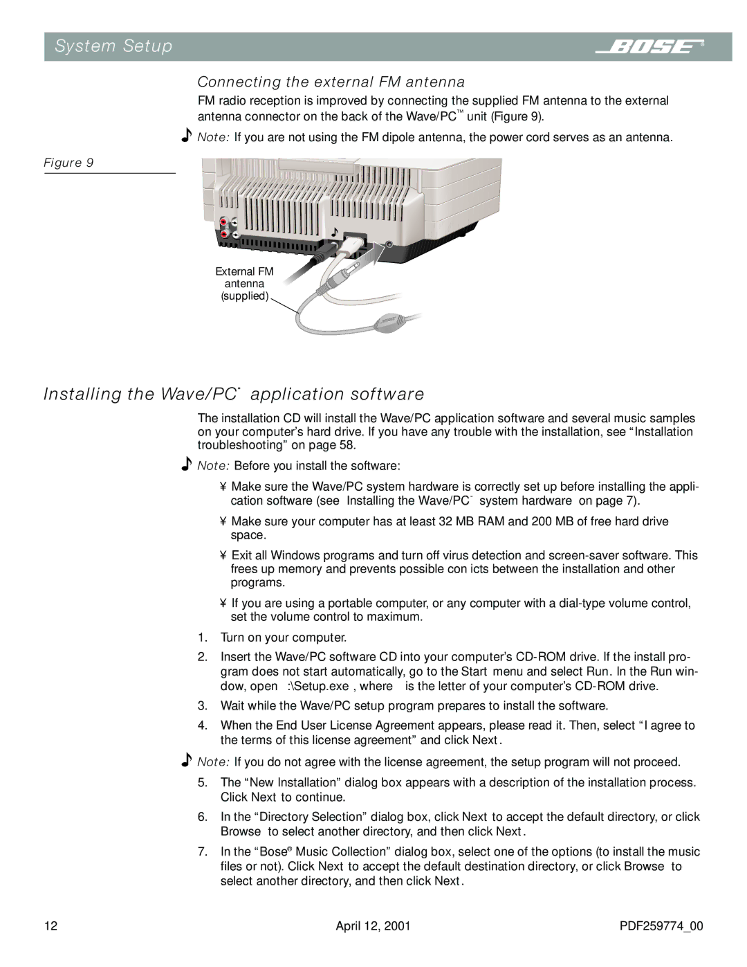 Bose PDF259774_00 manual Installing the Wave/PC application software, Connecting the external FM antenna 