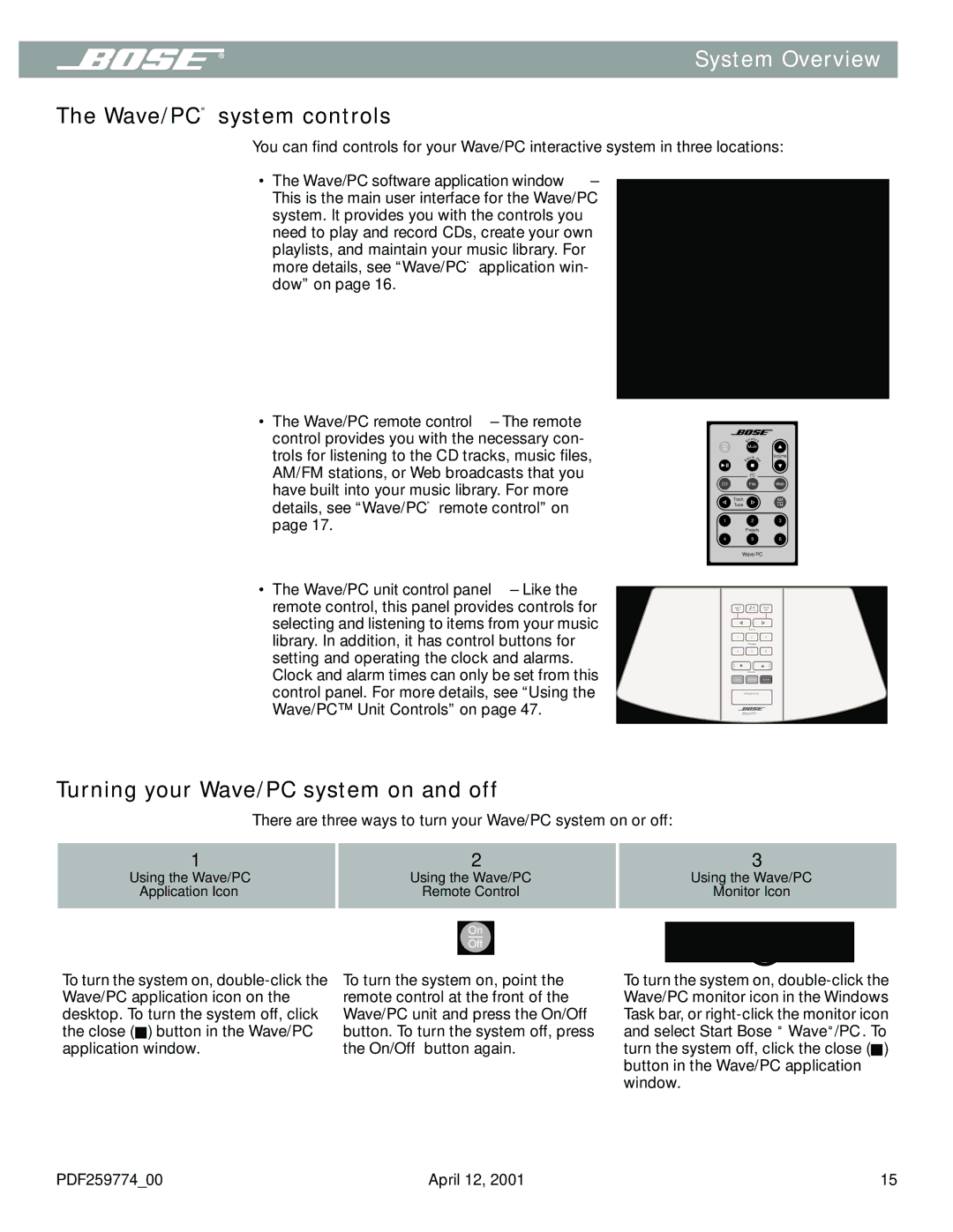 Bose PDF259774_00 manual System Overview, Wave/PC system controls, Turning your Wave/PC system on and off 