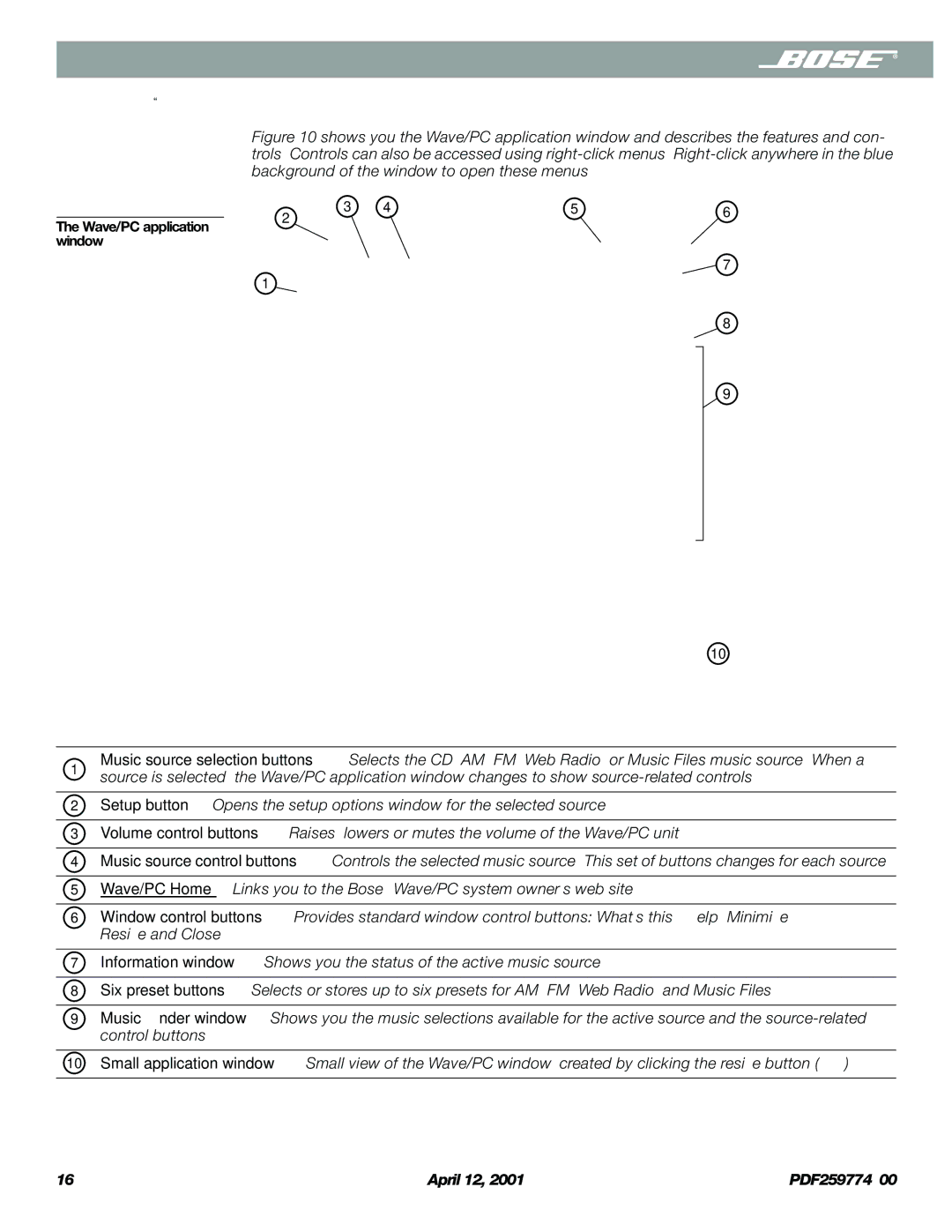 Bose PDF259774_00 manual Wave/PC application window, Window 