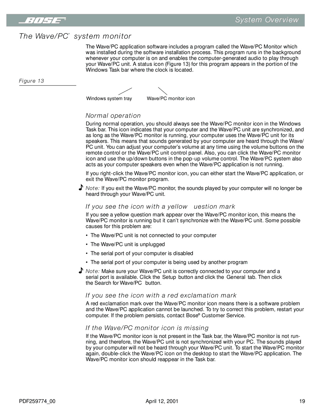 Bose PDF259774_00 manual Wave/PC system monitor, Normal operation, If you see the icon with a yellow question mark 