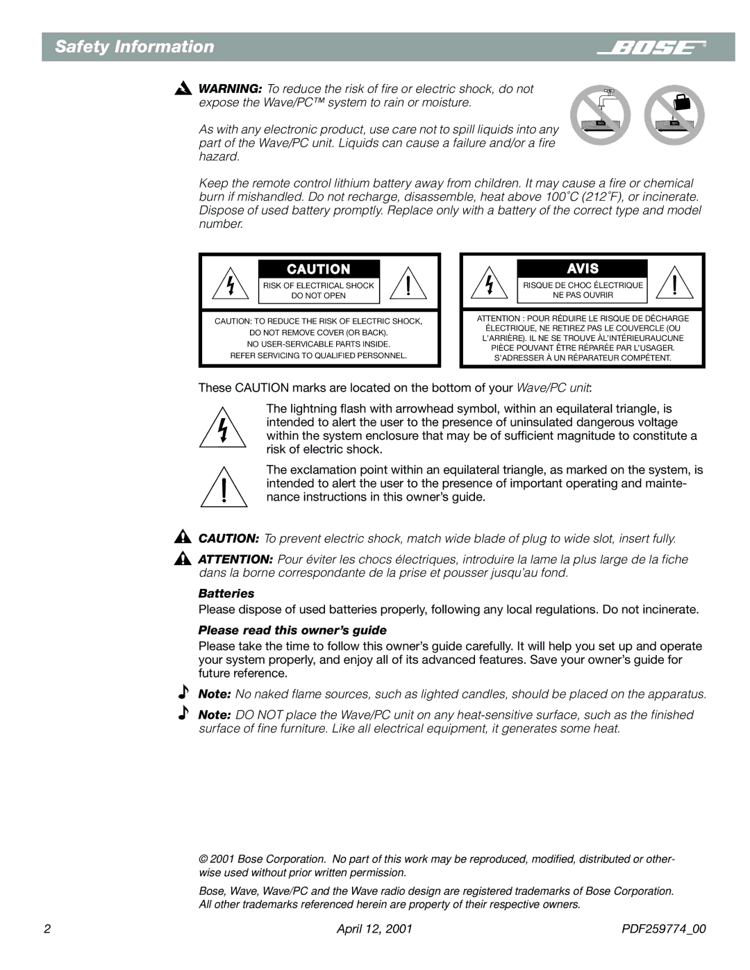 Bose PDF259774_00 manual Safety Information, U T I O N 