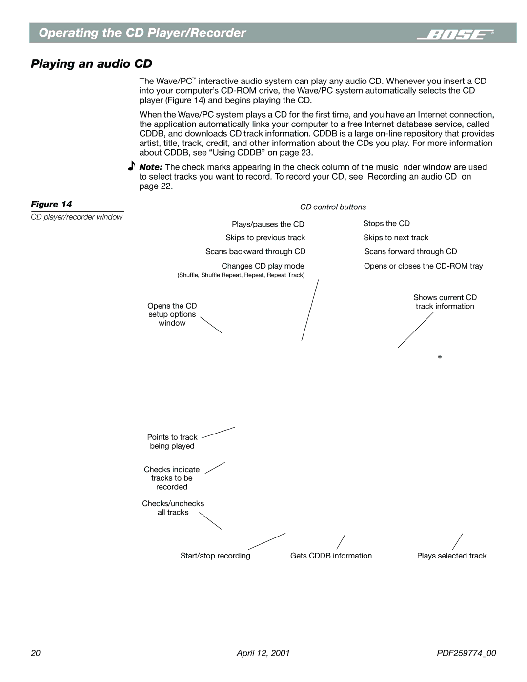 Bose PDF259774_00 manual Operating the CD Player/Recorder, Playing an audio CD, CD control buttons 