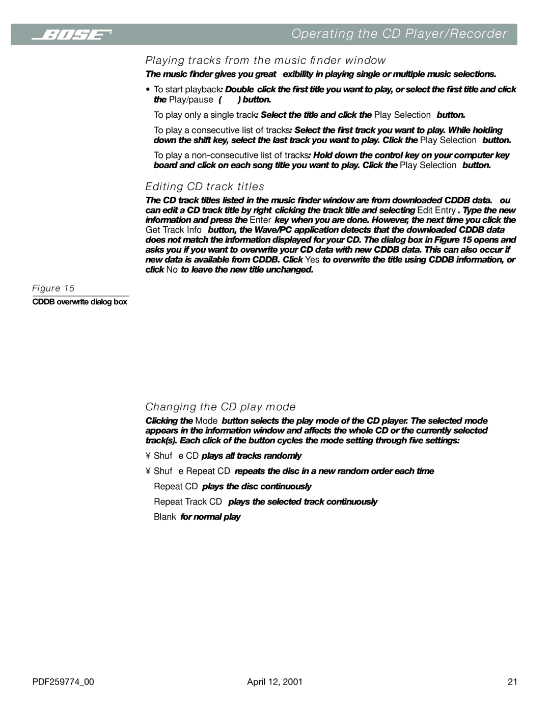 Bose PDF259774_00 manual Playing tracks from the music ﬁnder window, Editing CD track titles, Changing the CD play mode 