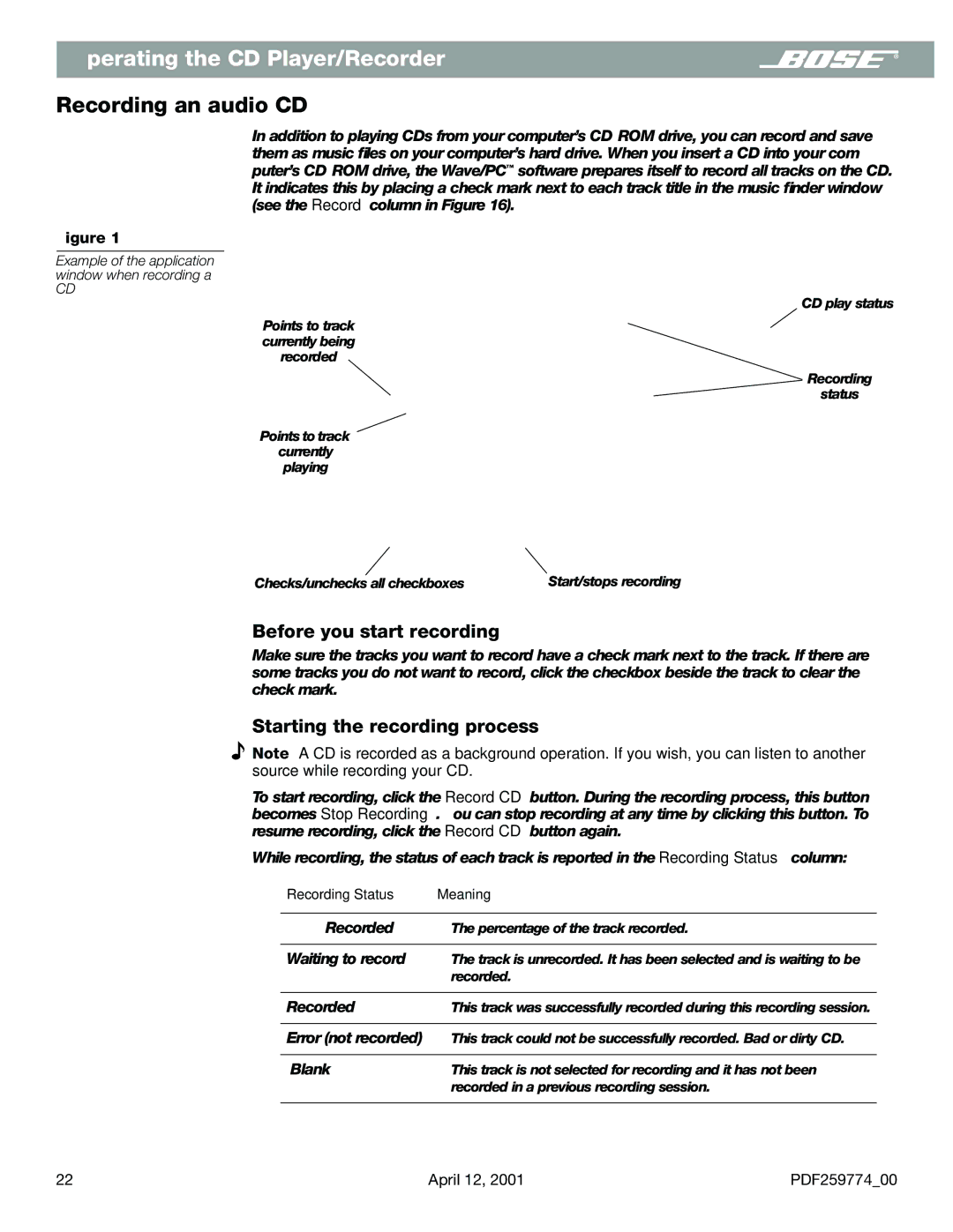 Bose PDF259774_00 manual Recording an audio CD, Before you start recording, Starting the recording process 