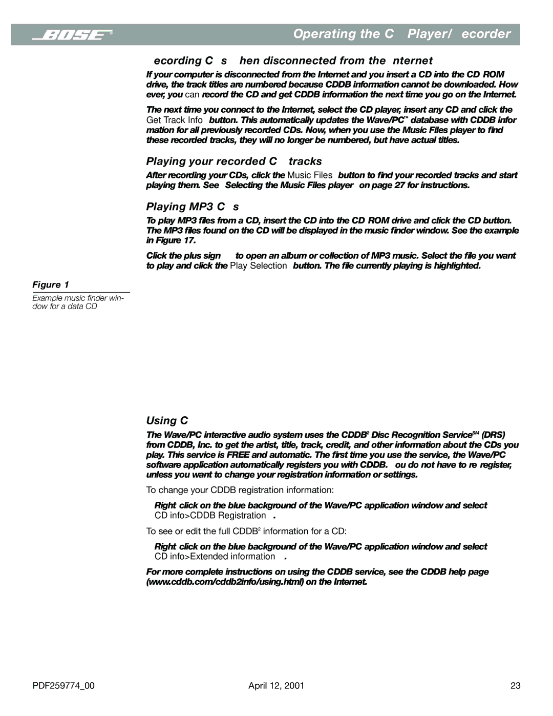 Bose PDF259774_00 Recording CDs when disconnected from the Internet, Playing your recorded CD tracks, Playing MP3 CDs 