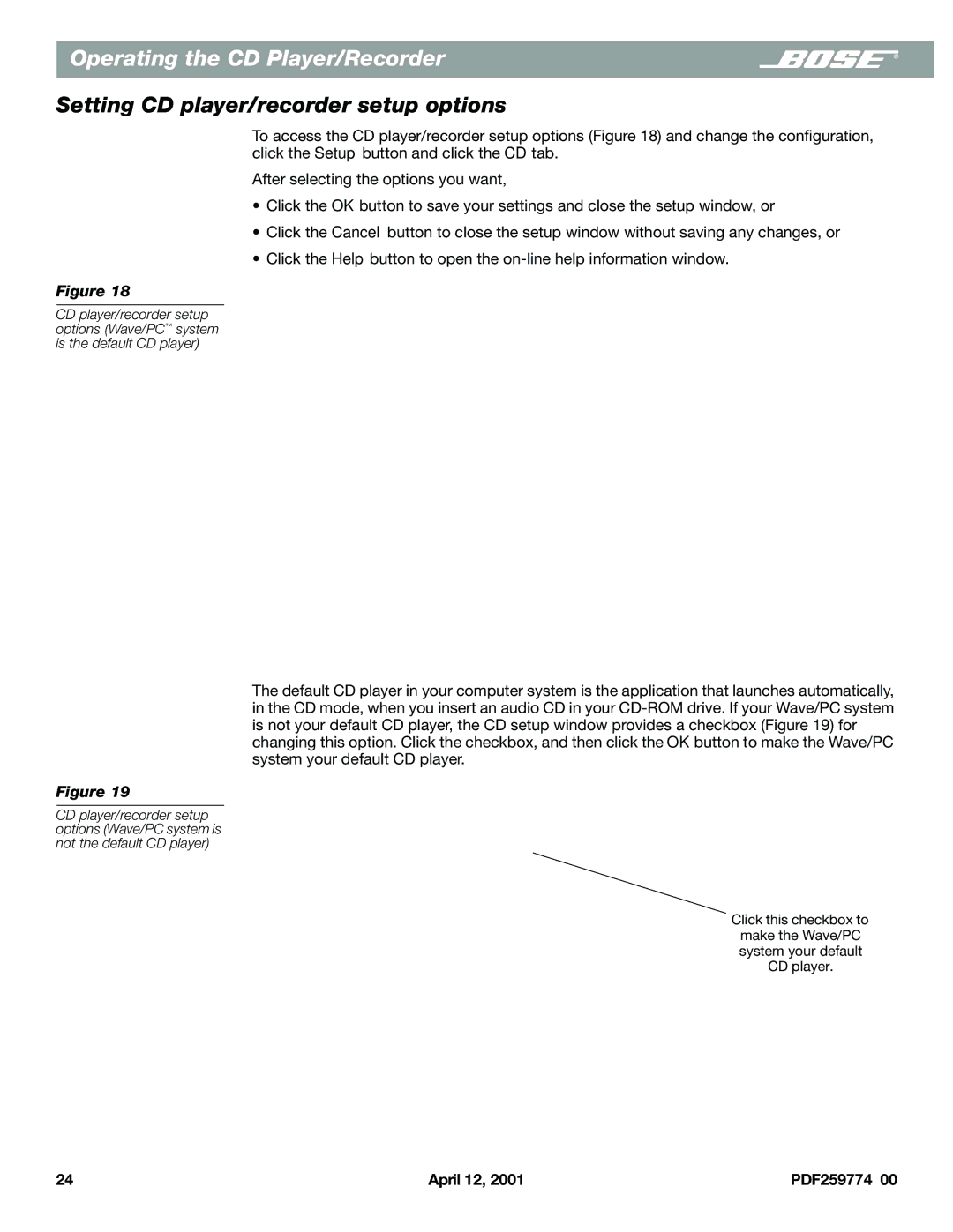 Bose PDF259774_00 manual Setting CD player/recorder setup options 