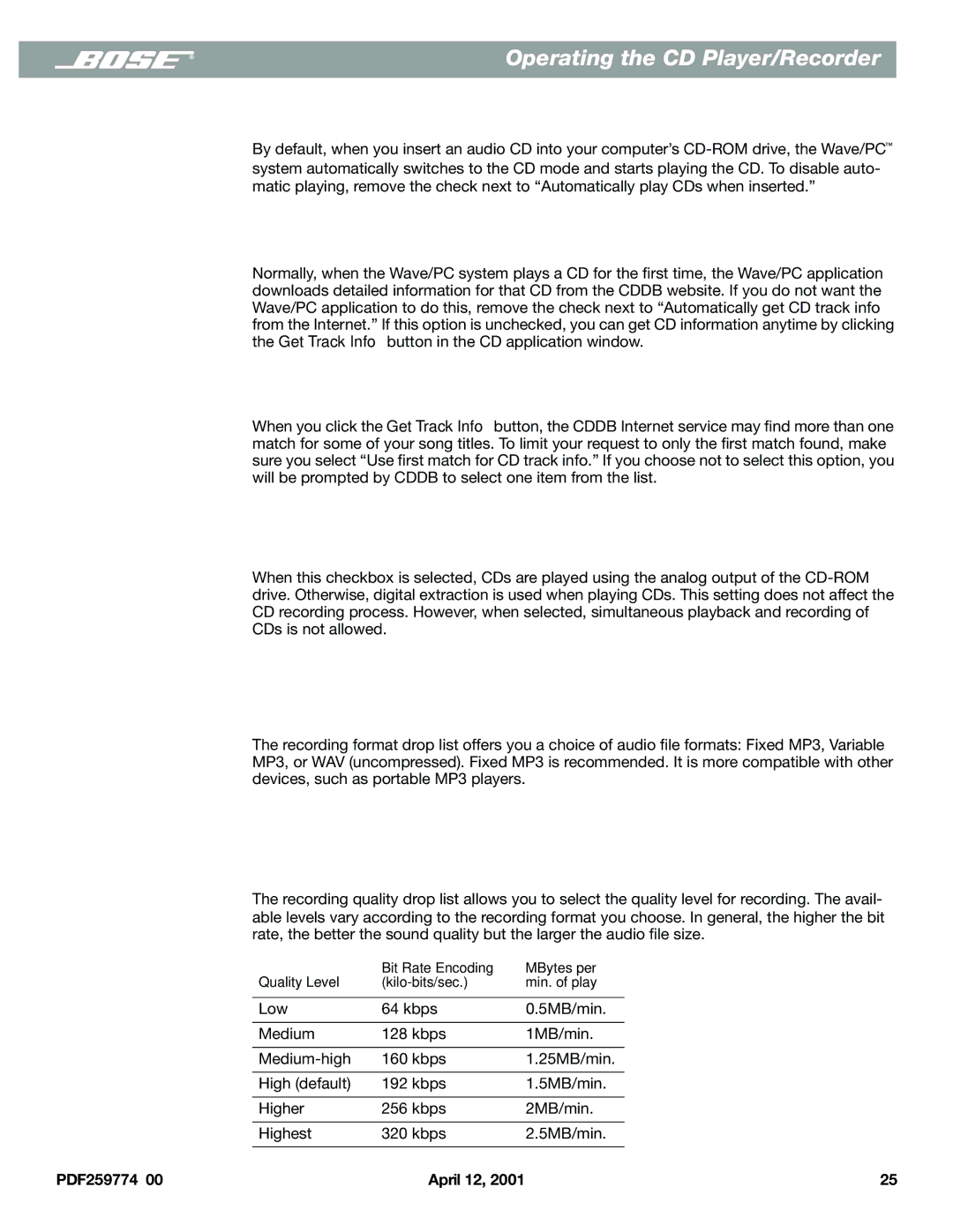 Bose PDF259774_00 manual Operating the CD Player/Recorder 