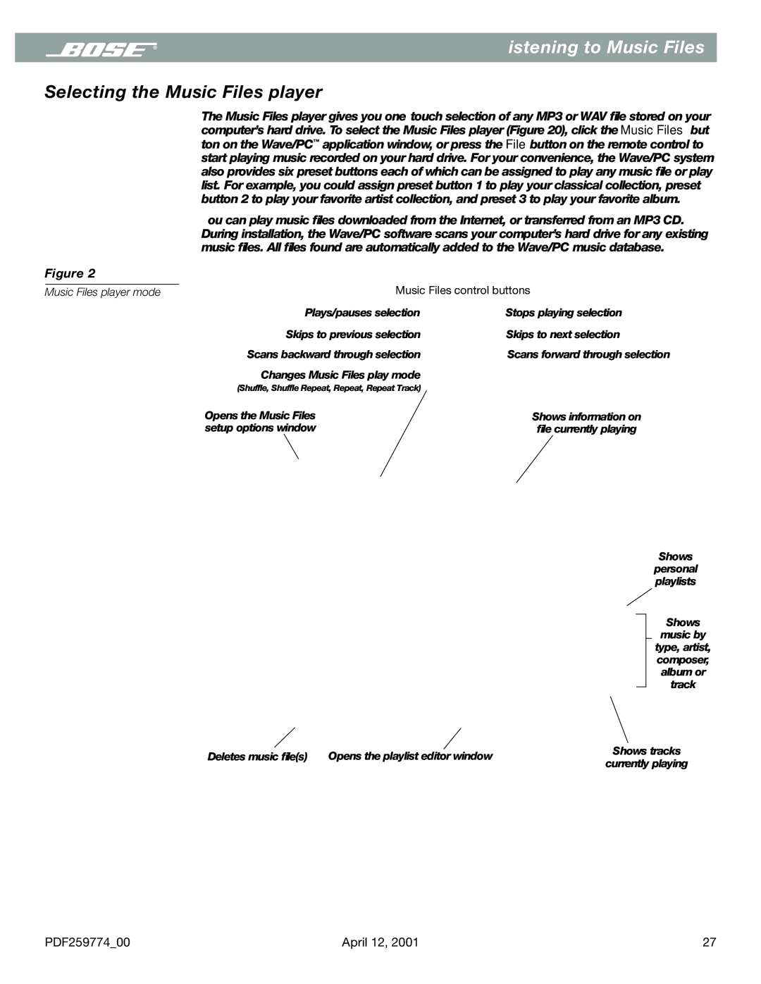 Bose PDF259774_00 manual Listening to Music Files, Selecting the Music Files player, Music Files player mode 