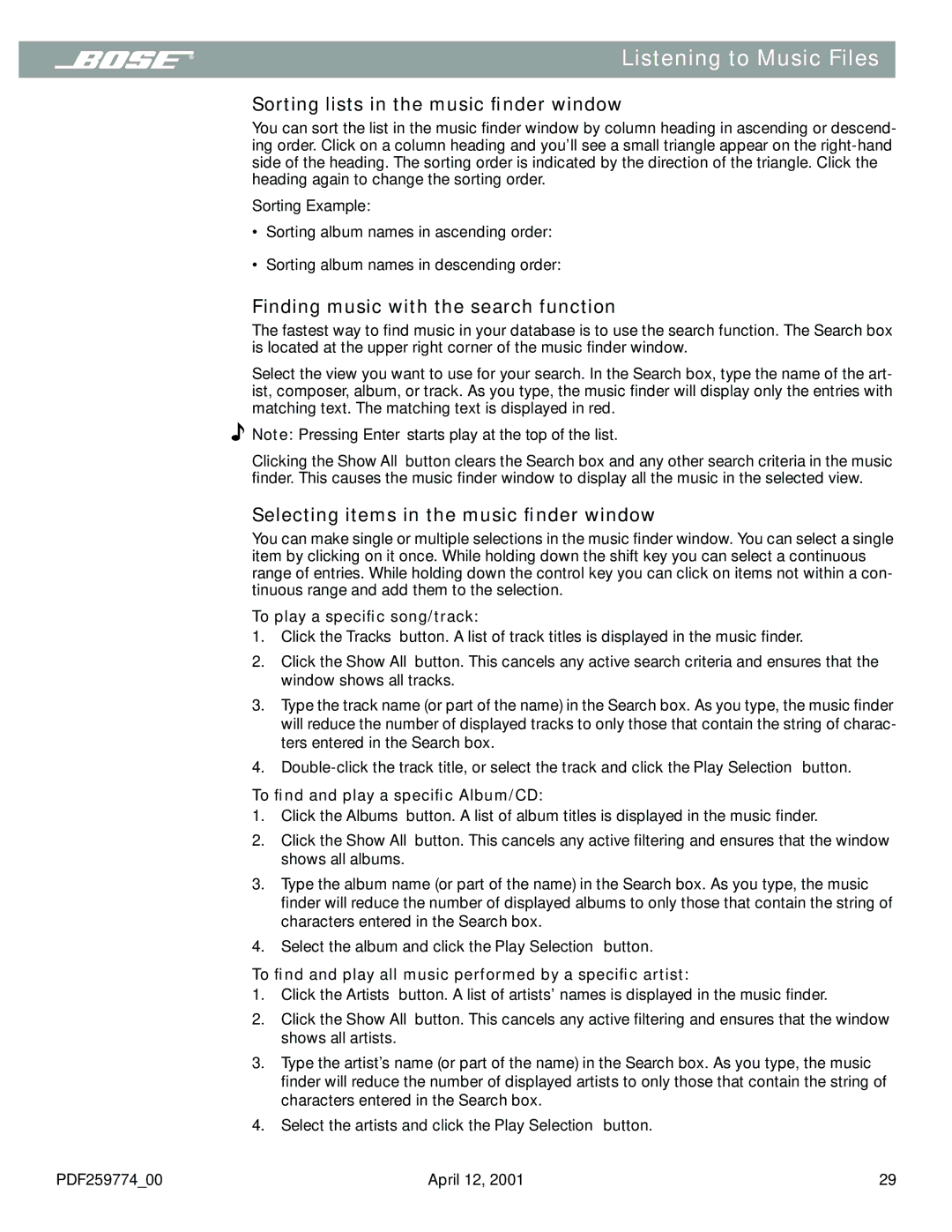 Bose PDF259774_00 manual Sorting lists in the music ﬁnder window, Finding music with the search function 