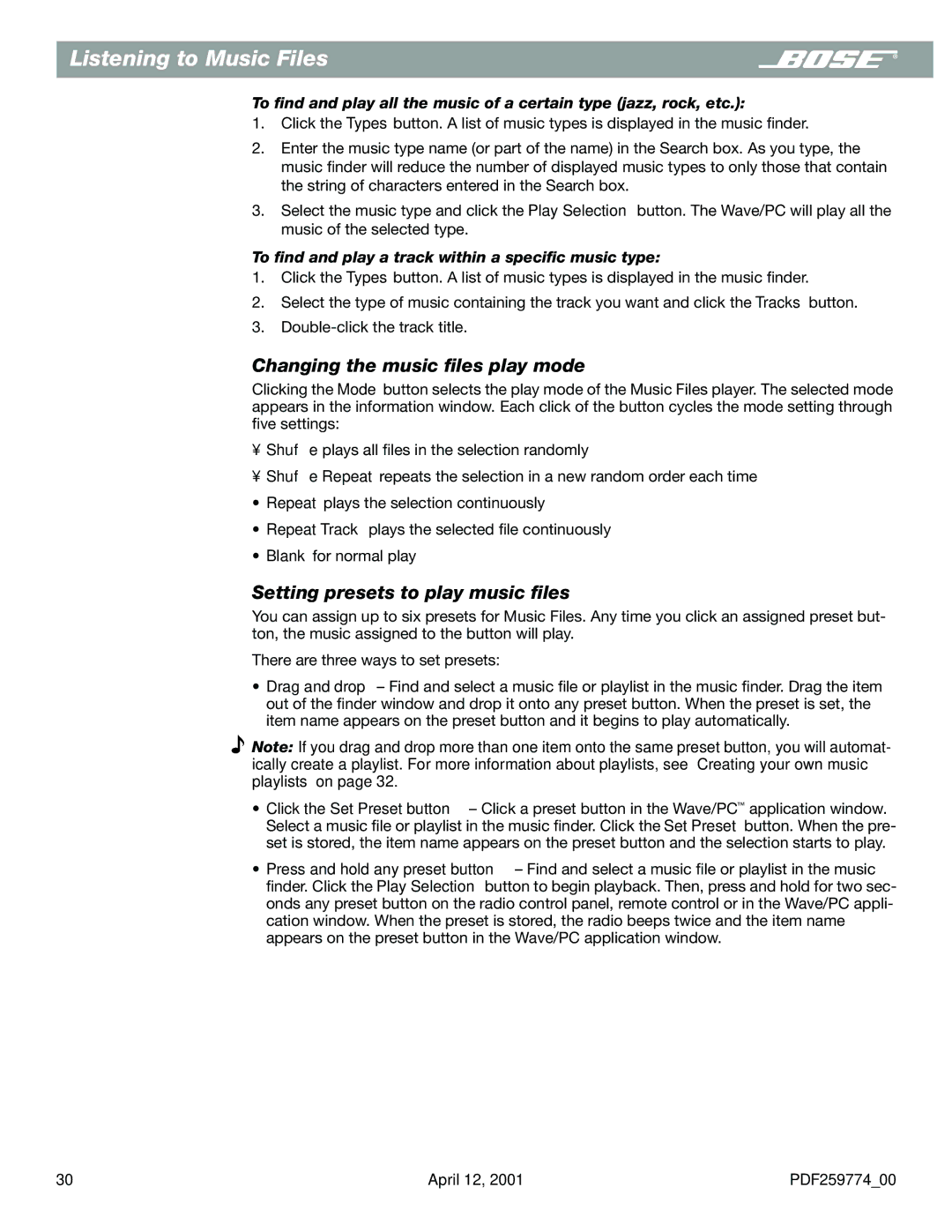 Bose PDF259774_00 manual Changing the music ﬁles play mode, Setting presets to play music ﬁles 