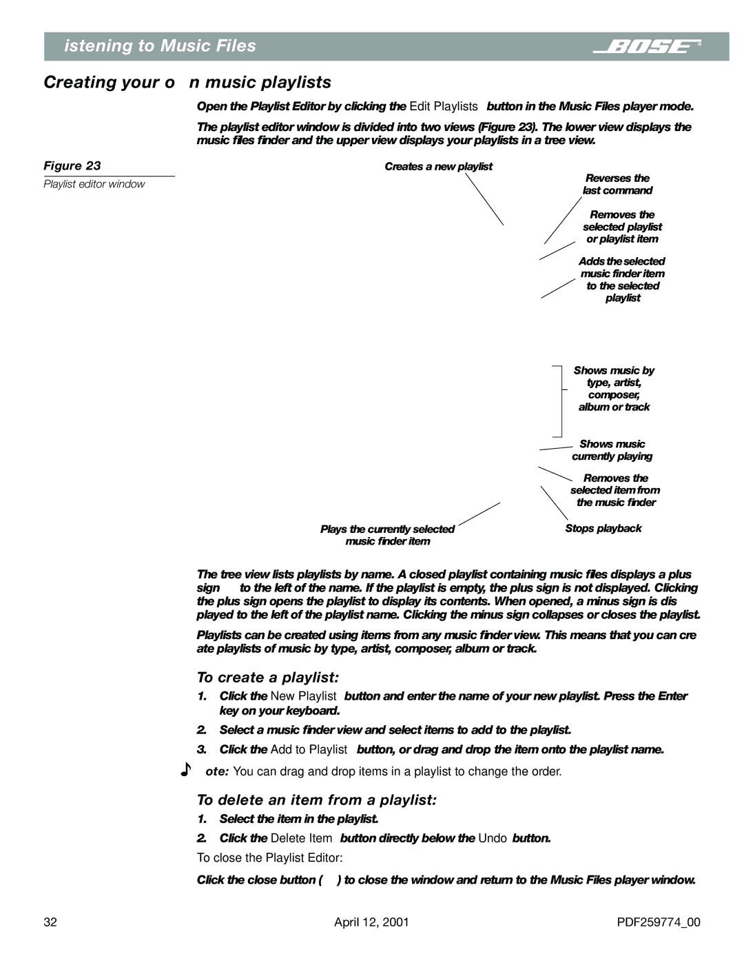 Bose PDF259774_00 manual Creating your own music playlists, To create a playlist, To delete an item from a playlist 