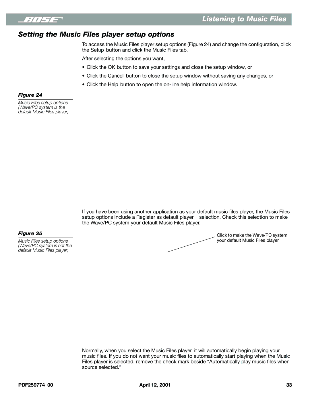 Bose PDF259774_00 manual Setting the Music Files player setup options 