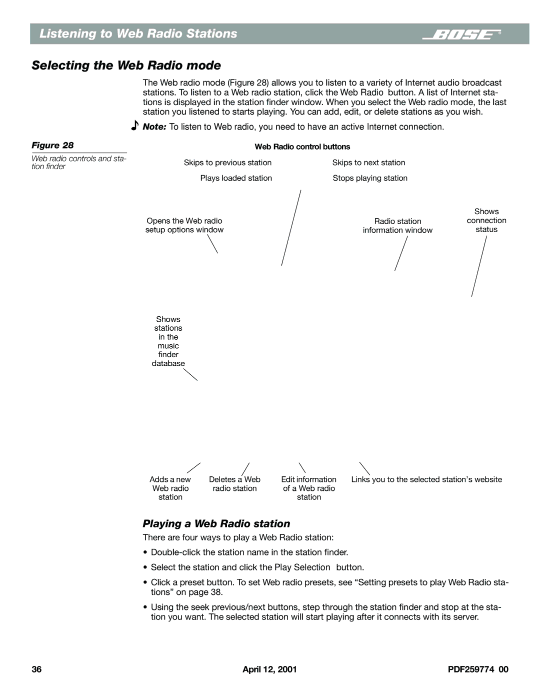 Bose PDF259774_00 manual Listening to Web Radio Stations, Selecting the Web Radio mode, Playing a Web Radio station 