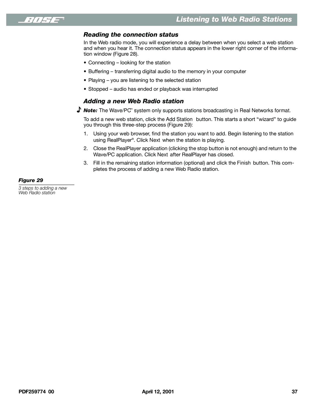 Bose PDF259774_00 Reading the connection status, Adding a new Web Radio station, Steps to adding a new Web Radio station 