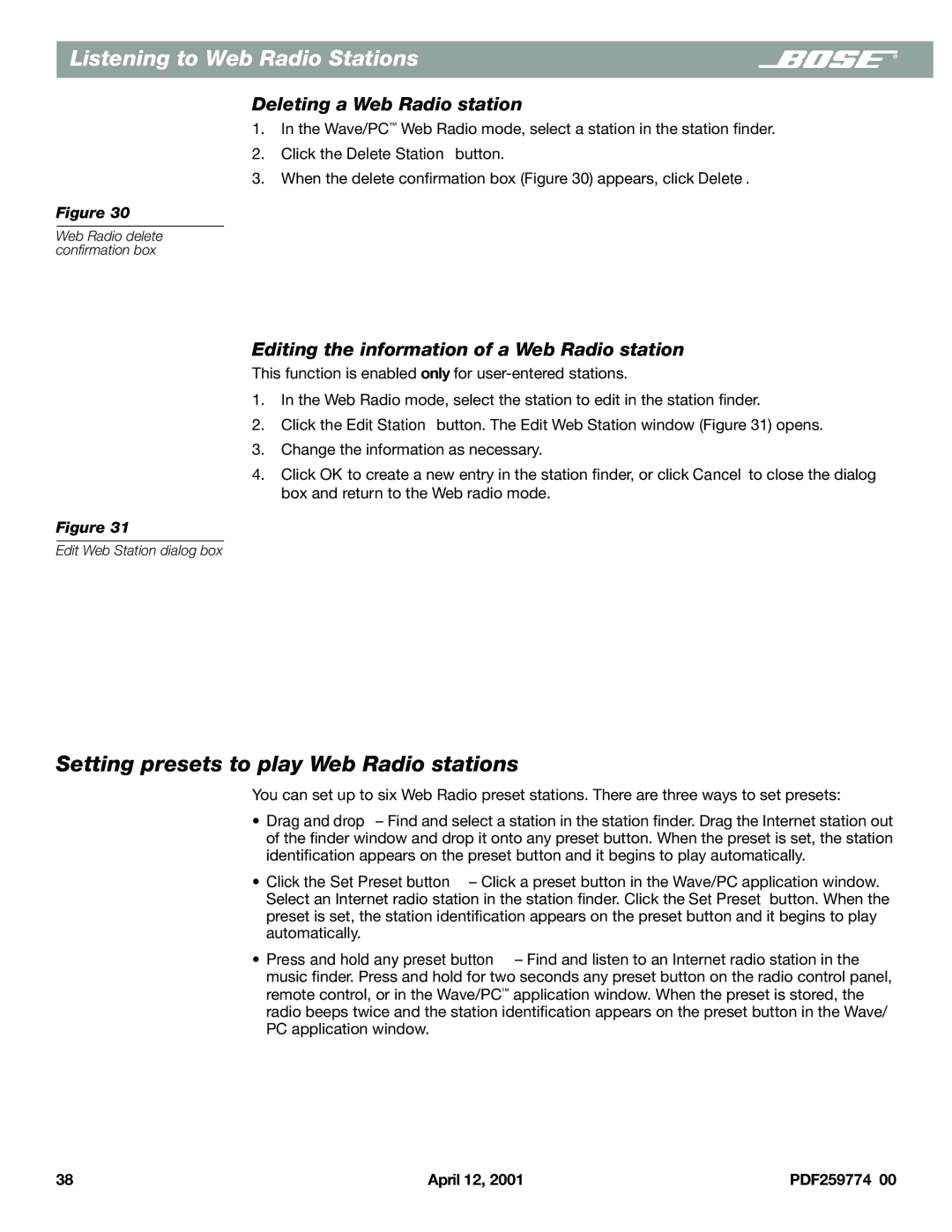 Bose PDF259774_00 Setting presets to play Web Radio stations, Deleting a Web Radio station, Edit Web Station dialog box 