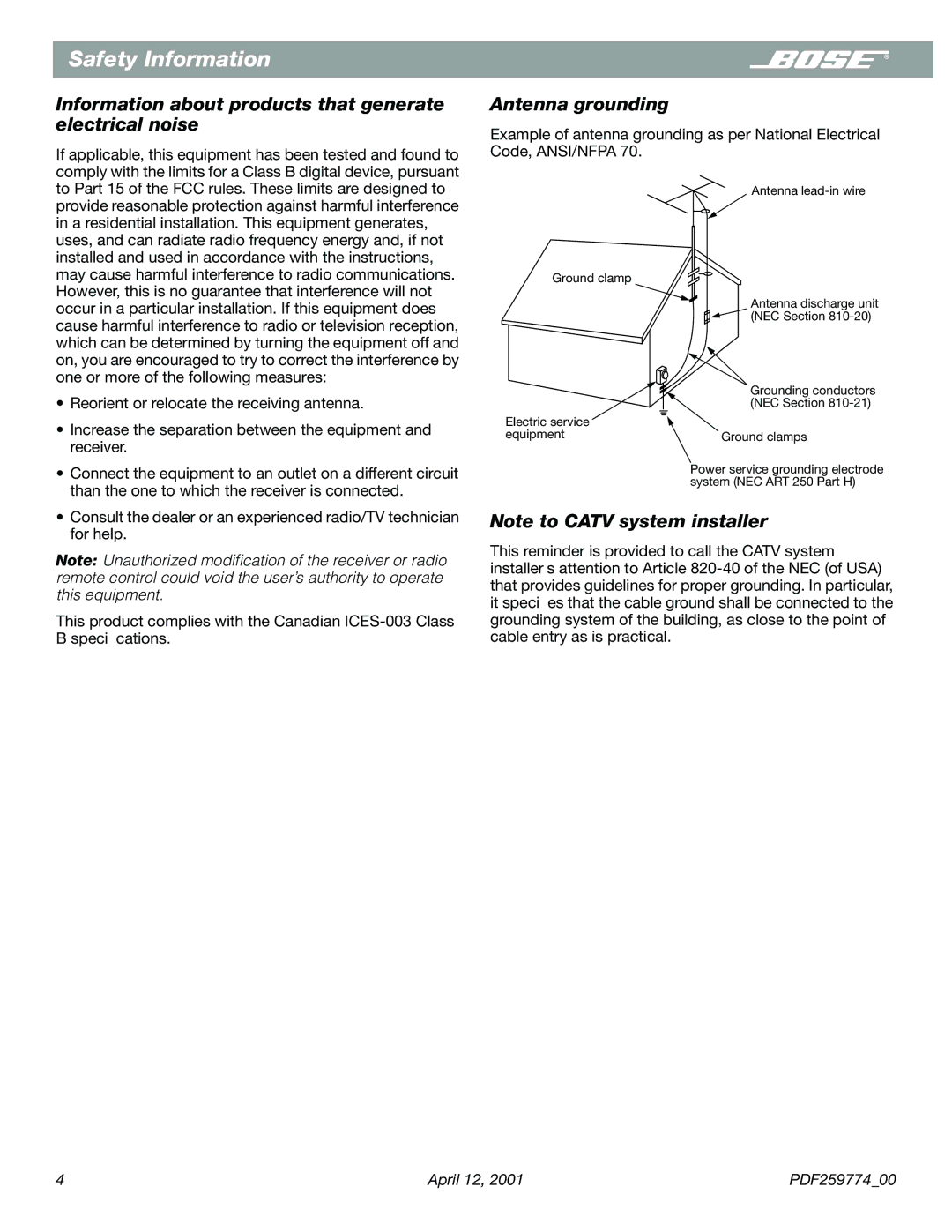 Bose PDF259774_00 manual Information about products that generate electrical noise, Antenna grounding 