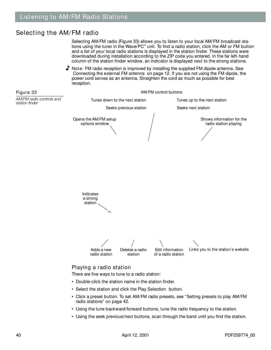 Bose PDF259774_00 manual Listening to AM/FM Radio Stations, Selecting the AM/FM radio, Playing a radio station 