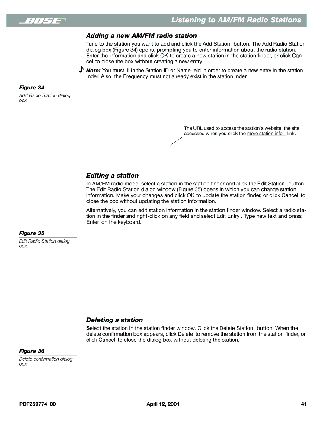 Bose PDF259774_00 manual Adding a new AM/FM radio station, Editing a station, Deleting a station 