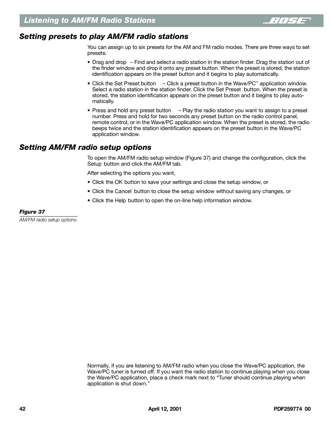 Bose PDF259774_00 manual Setting presets to play AM/FM radio stations, Setting AM/FM radio setup options 