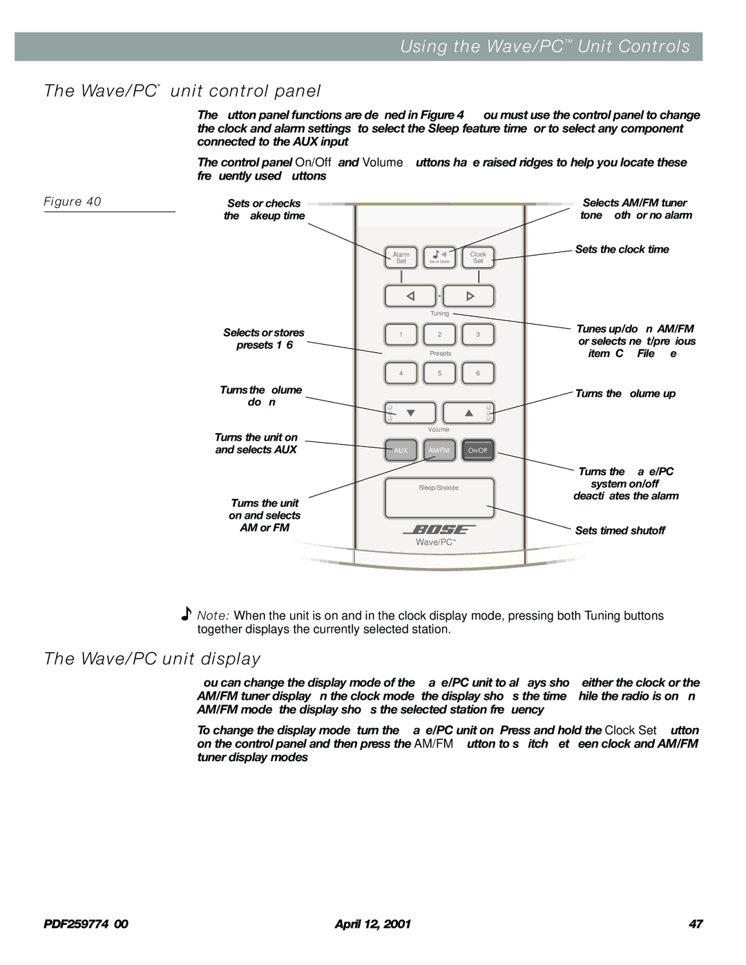 Bose PDF259774_00 manual Using the Wave/PC Unit Controls, Wave/PC unit control panel, Wave/PC unit display 