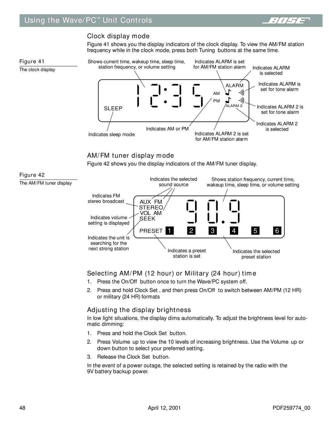 Bose PDF259774_00 manual Clock display mode, AM/FM tuner display mode, Selecting AM/PM 12 hour or Military 24 hour time 