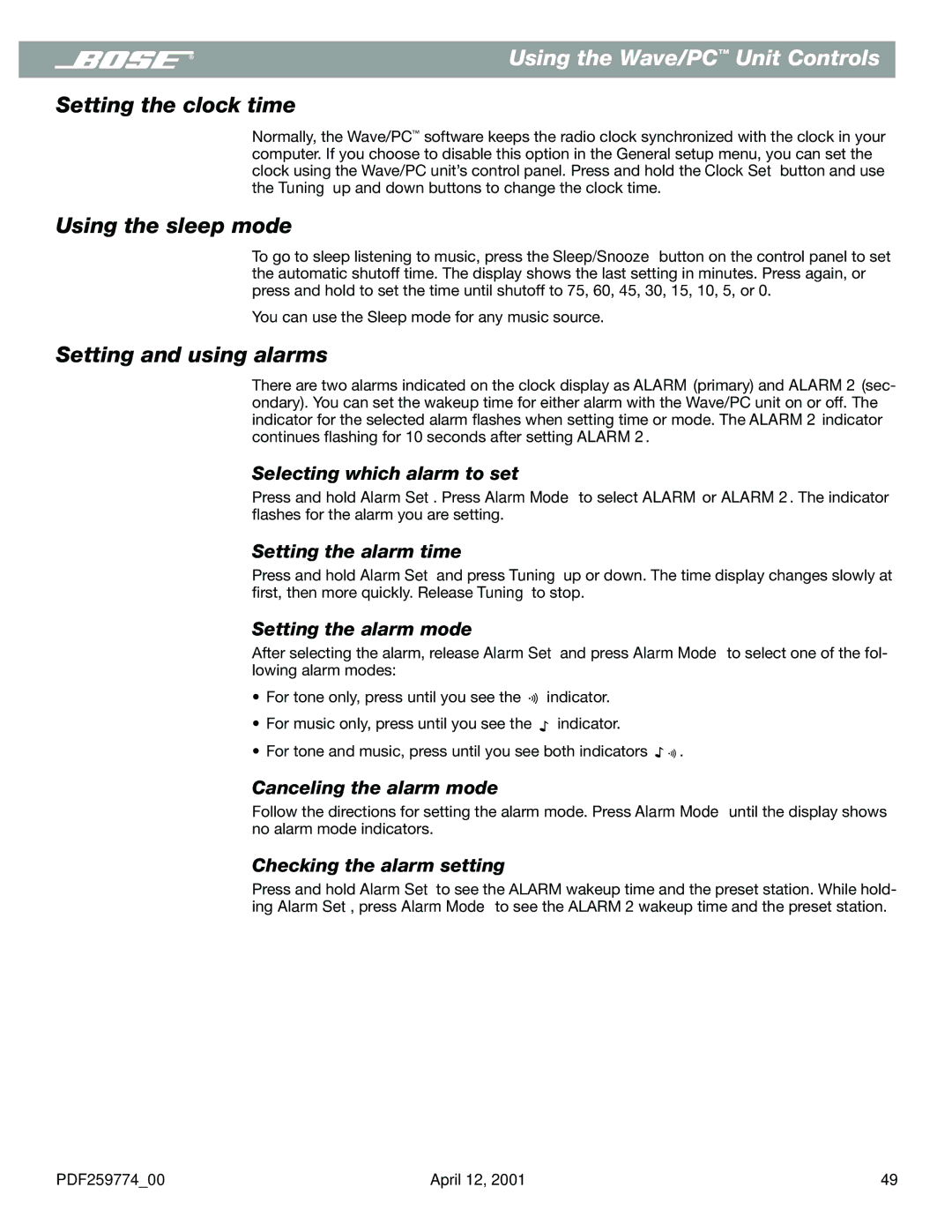 Bose PDF259774_00 manual Setting the clock time, Using the sleep mode, Setting and using alarms 